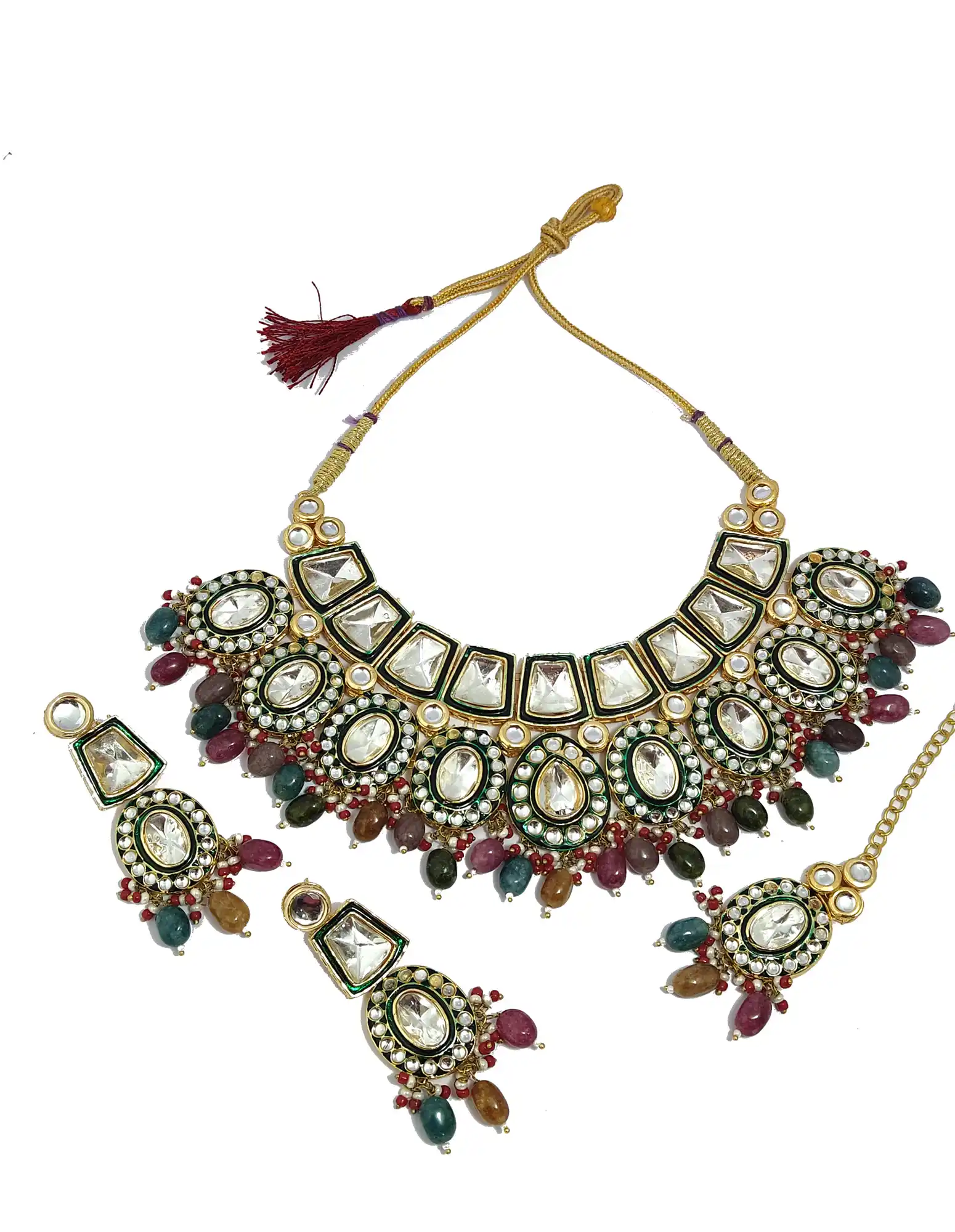 Gold Plated Multicolor Emerald Pearls Polki Kundan Necklace Set - None Multicolor Polki Necklace Set - Image 4