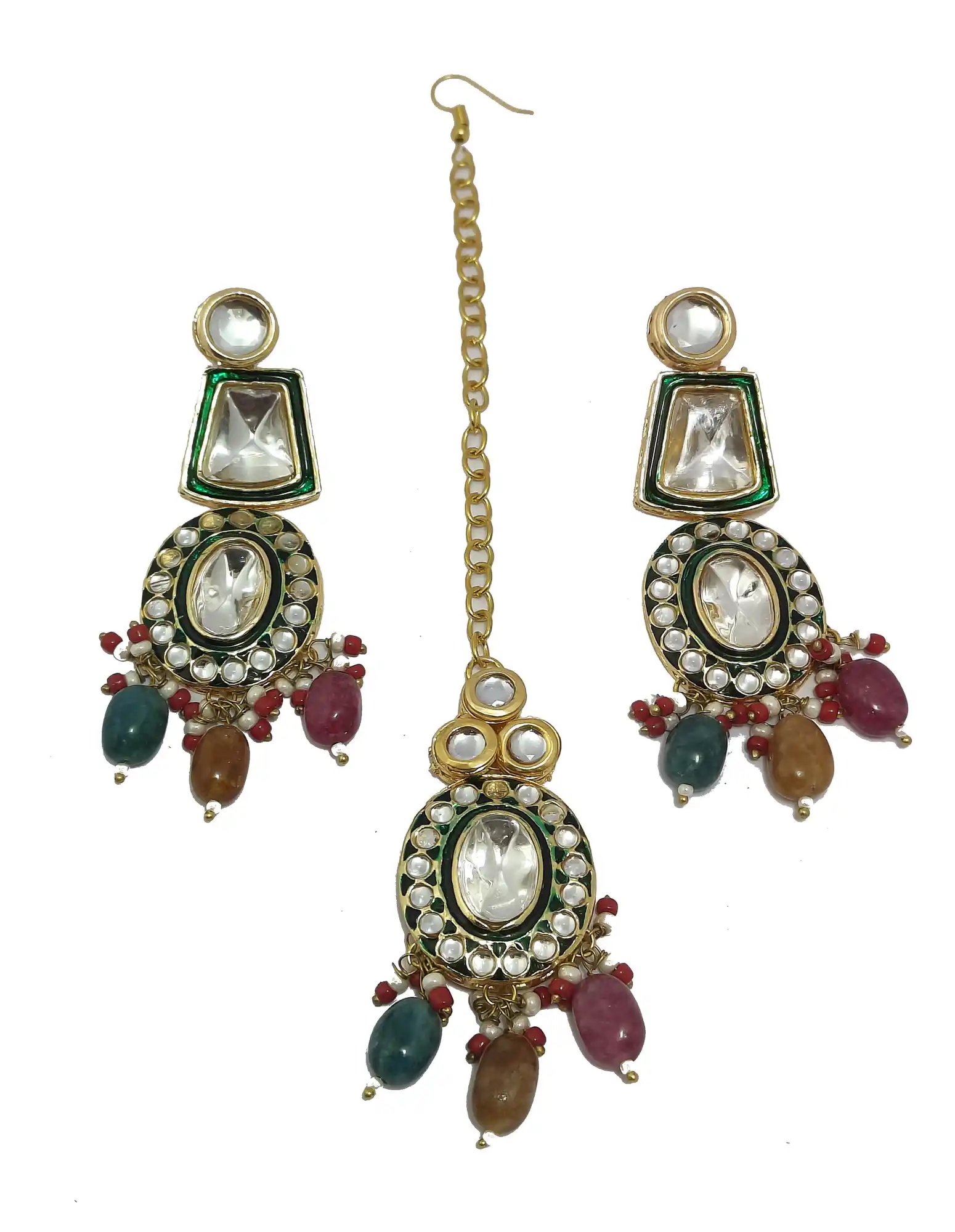 Gold Plated Multicolor Emerald Pearls Polki Kundan Necklace Set - None Multicolor Polki Necklace Set - Image 5
