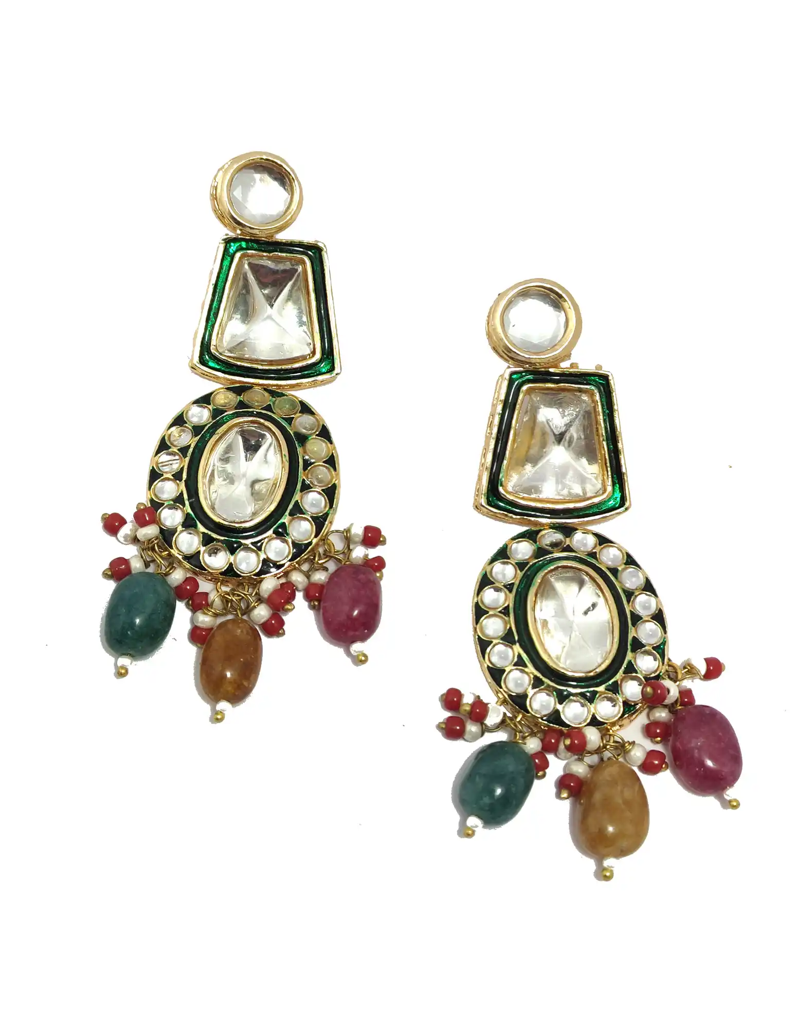 Gold Plated Multicolor Emerald Pearls Polki Kundan Necklace Set - None Multicolor Polki Necklace Set - Image 6