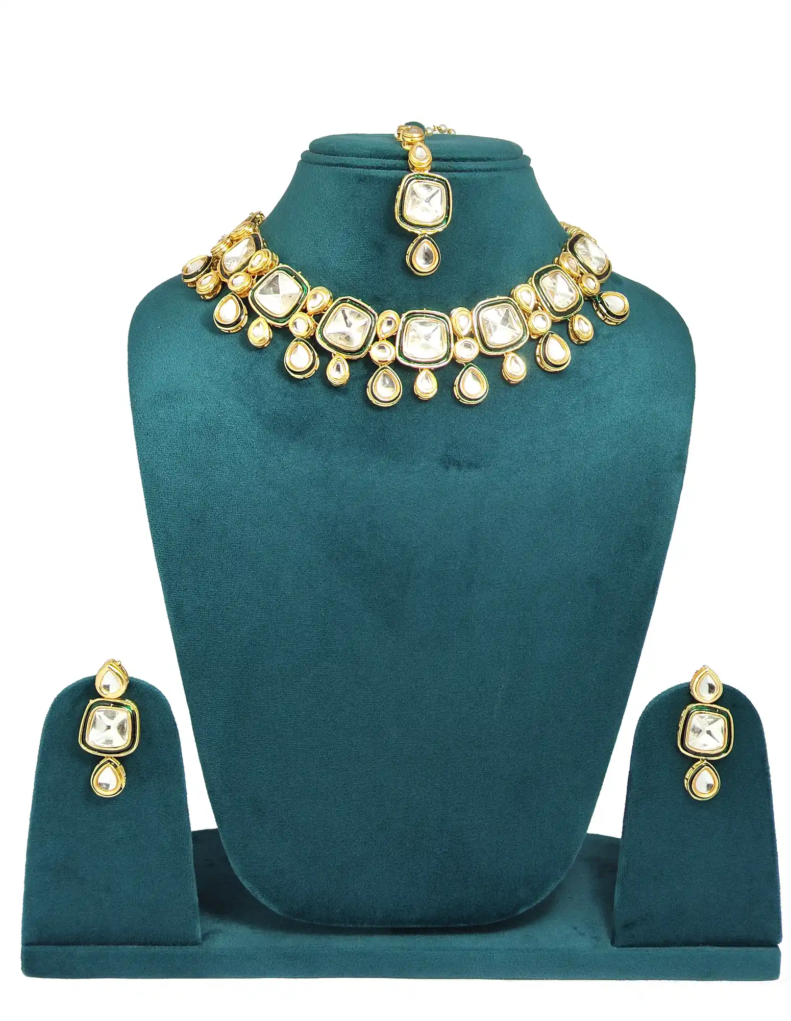 Gold Plated Kundan Polki Choker Necklace Set - None Polki Necklace Set - Image 1