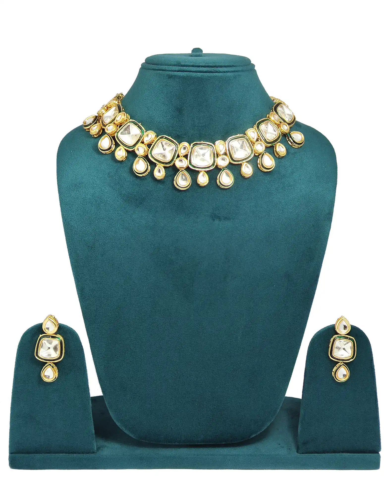Gold Plated Kundan Polki Choker Necklace Set - None Polki Necklace Set - Image 3