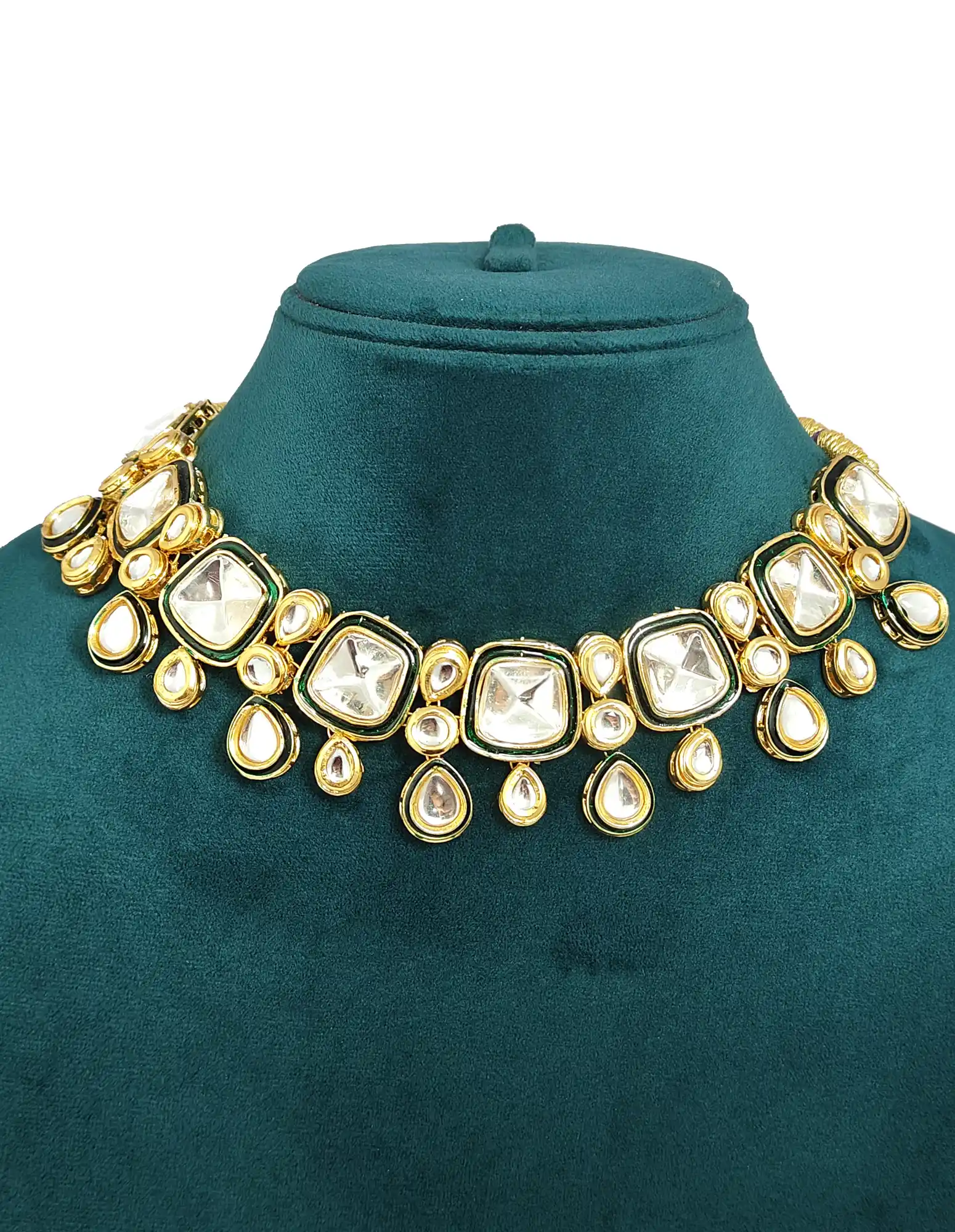 Gold Plated Kundan Polki Choker Necklace Set - None Polki Necklace Set - Image 2