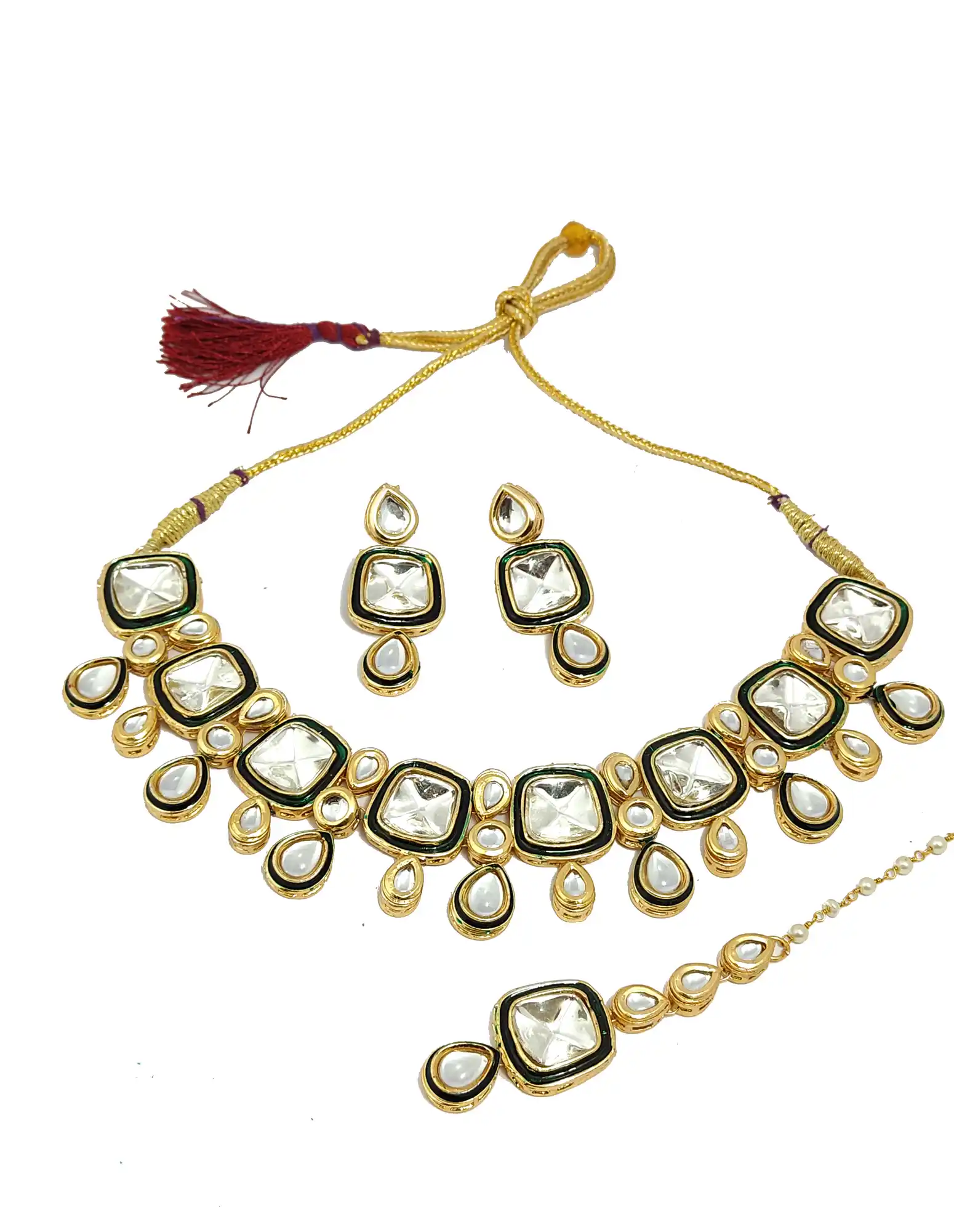 Gold Plated Kundan Polki Choker Necklace Set - None Polki Necklace Set - Image 4