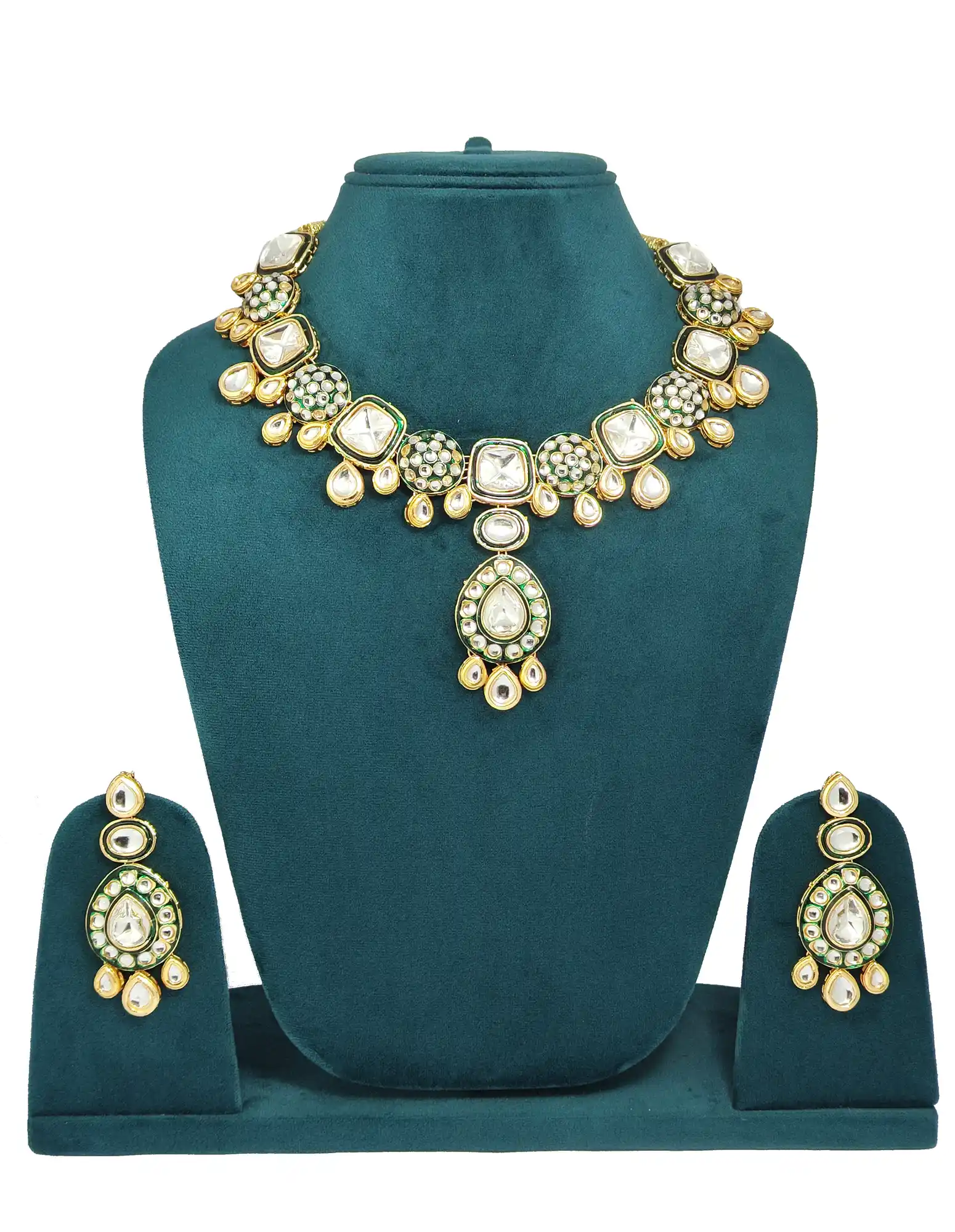 Drop Shape Kundan Polki Neckalce Set - None Polki Necklace Set - Image 3