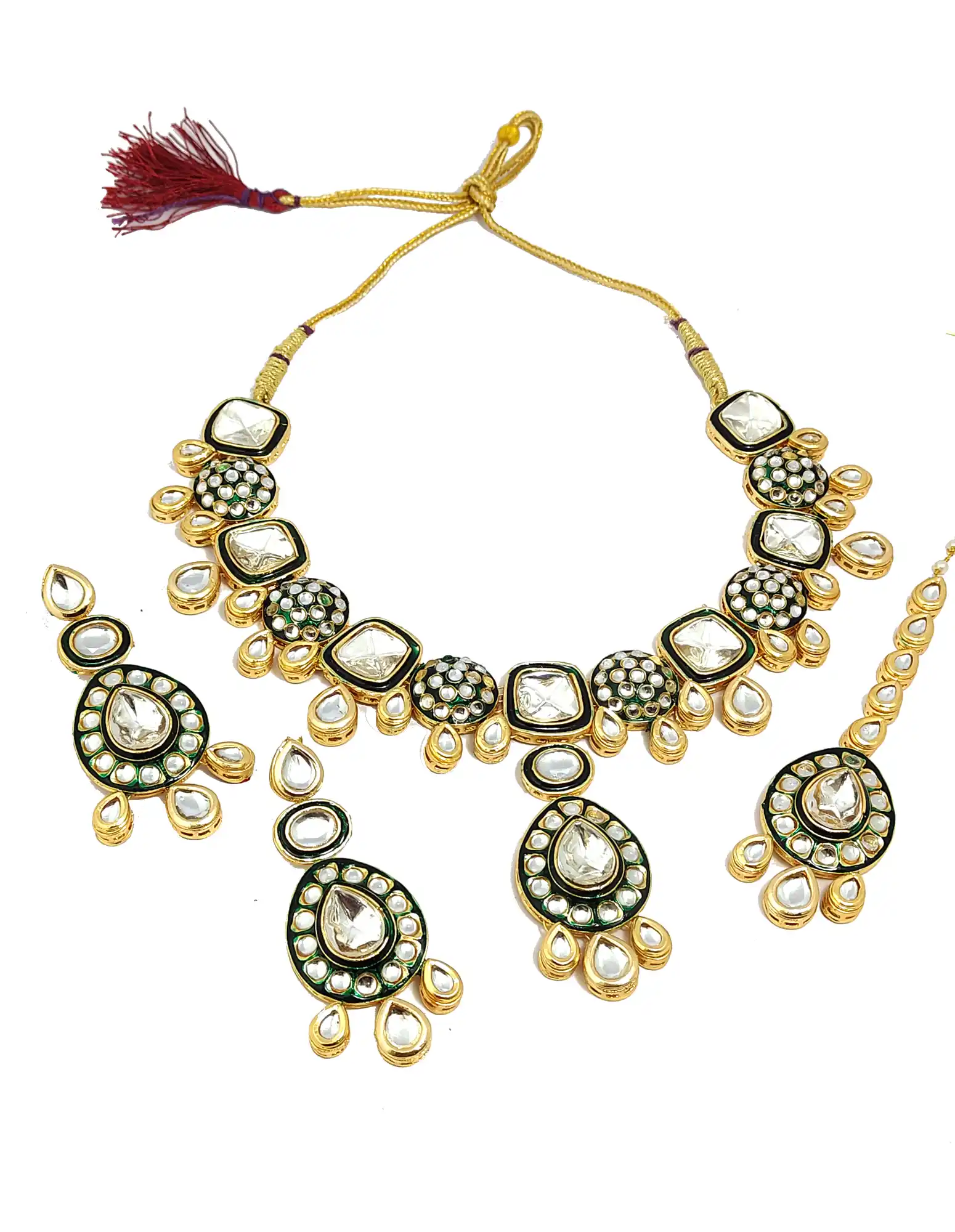 Drop Shape Kundan Polki Neckalce Set - None Polki Necklace Set - Image 4