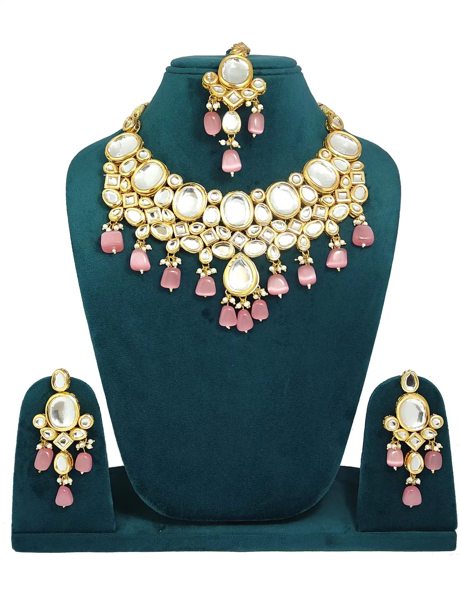 Big and Small Shape Kundan Meenakari Neckalce Set - Light Pink