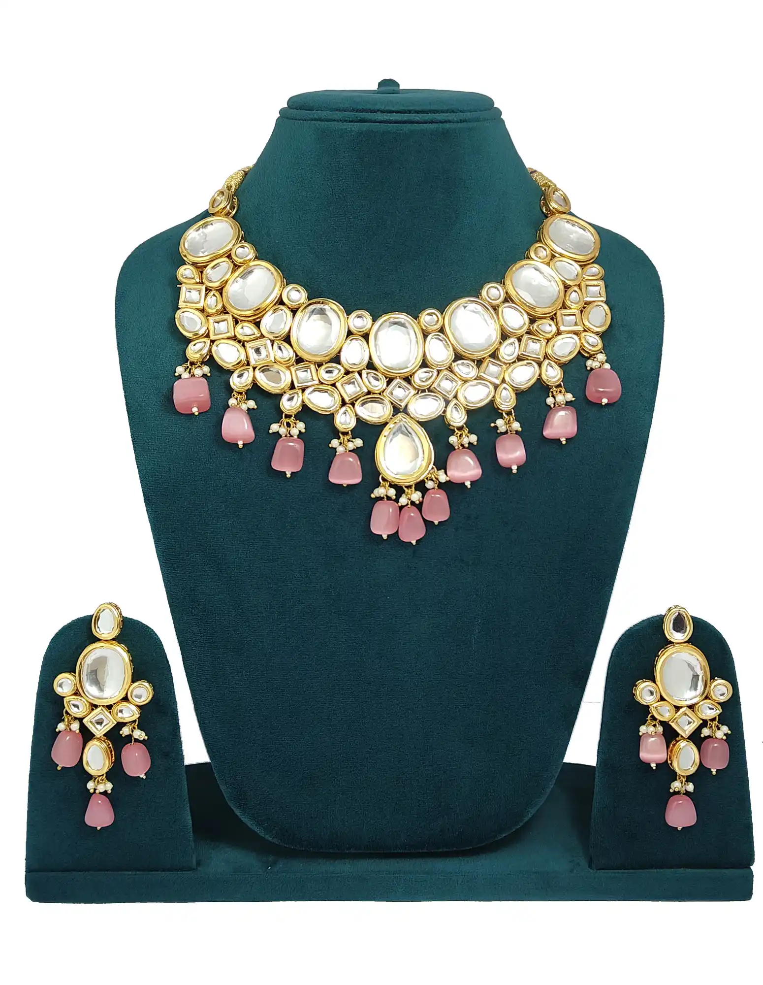 Big and Small Shape Kundan Meenakari Neckalce Set - Light Pink - None Meenakari Kundan Neckalce Set - Image 3
