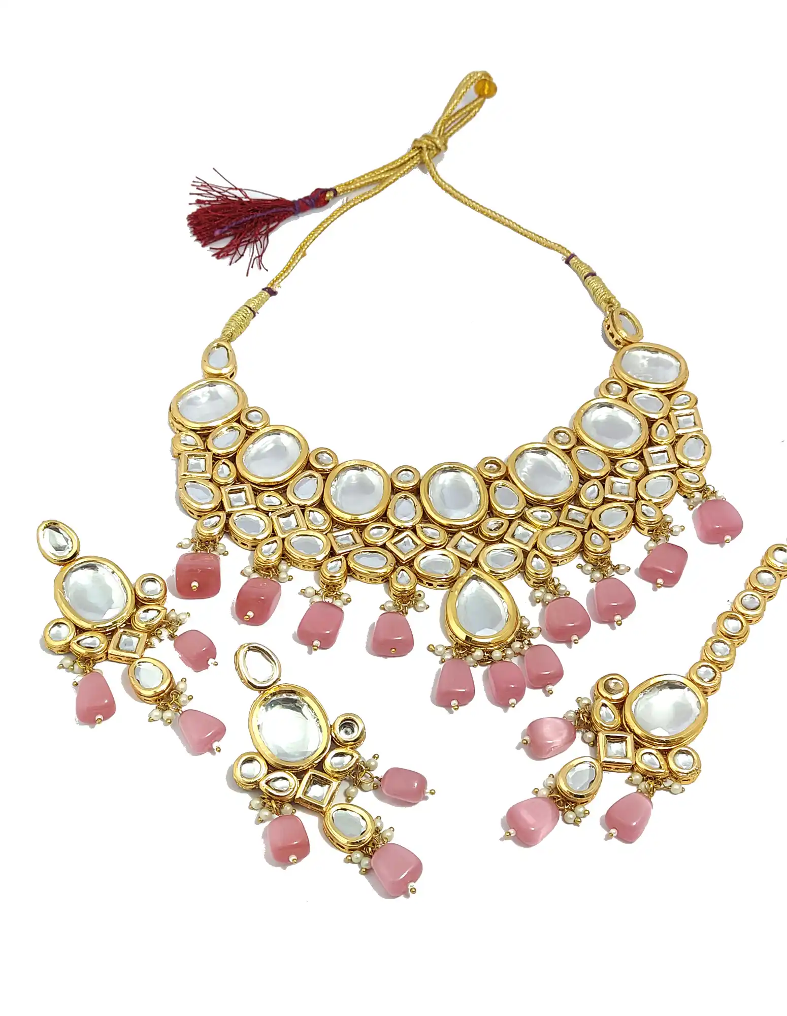 Big and Small Shape Kundan Meenakari Neckalce Set - Light Pink - None Meenakari Kundan Neckalce Set - Image 4
