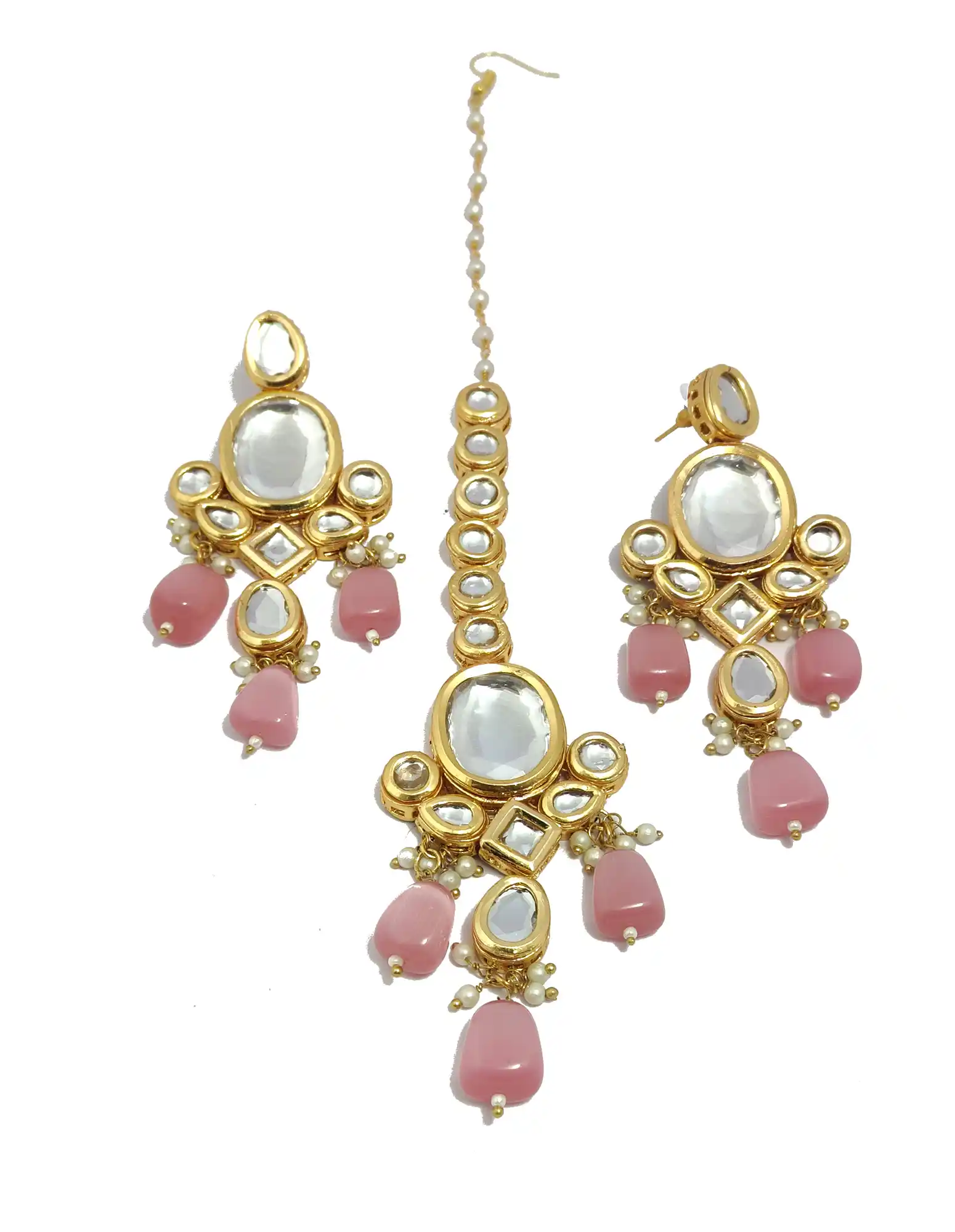 Big and Small Shape Kundan Meenakari Neckalce Set - Light Pink - None Meenakari Kundan Neckalce Set - Image 5