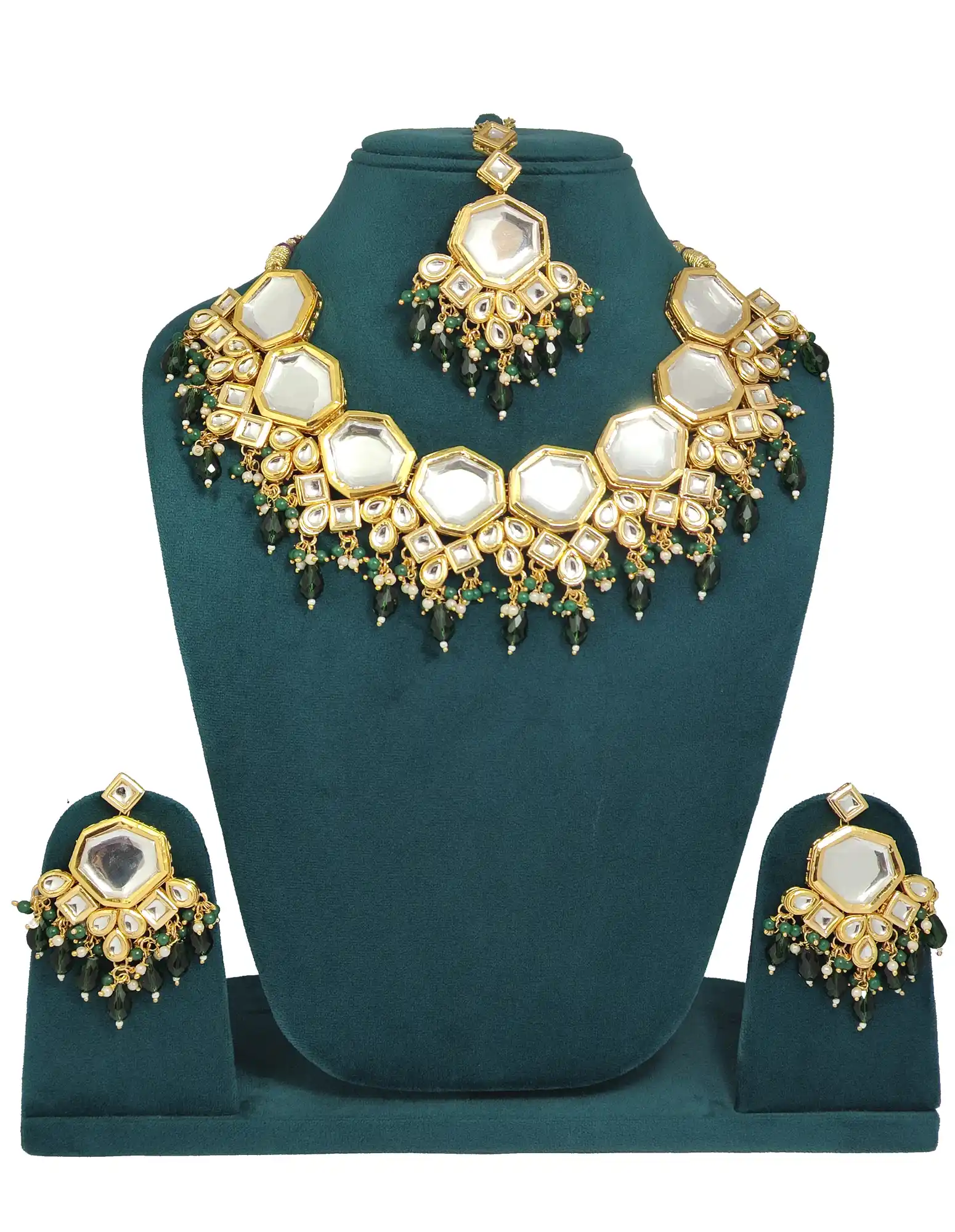 Meenakari Kundan Double Layered Green Necklace Set - None Meenakari Kundan Neckalce Set - Image 1