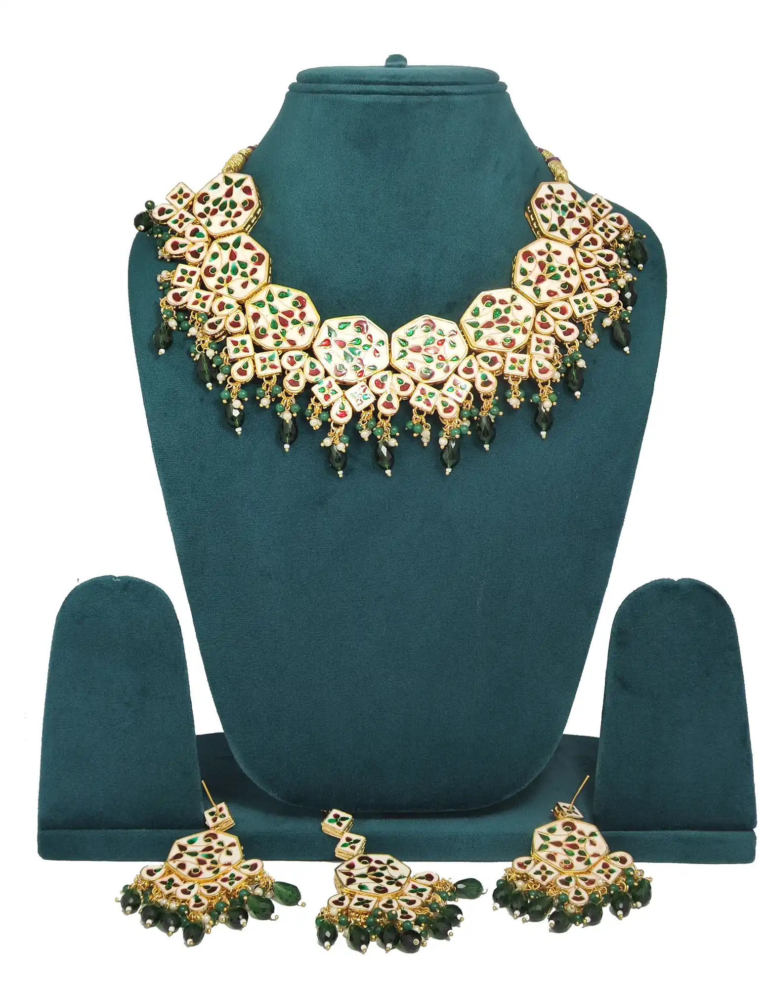 Meenakari Kundan Double Layered Green Pearls Neckalce Set - None Meenakari Kundan Neckalce Set - Image 2