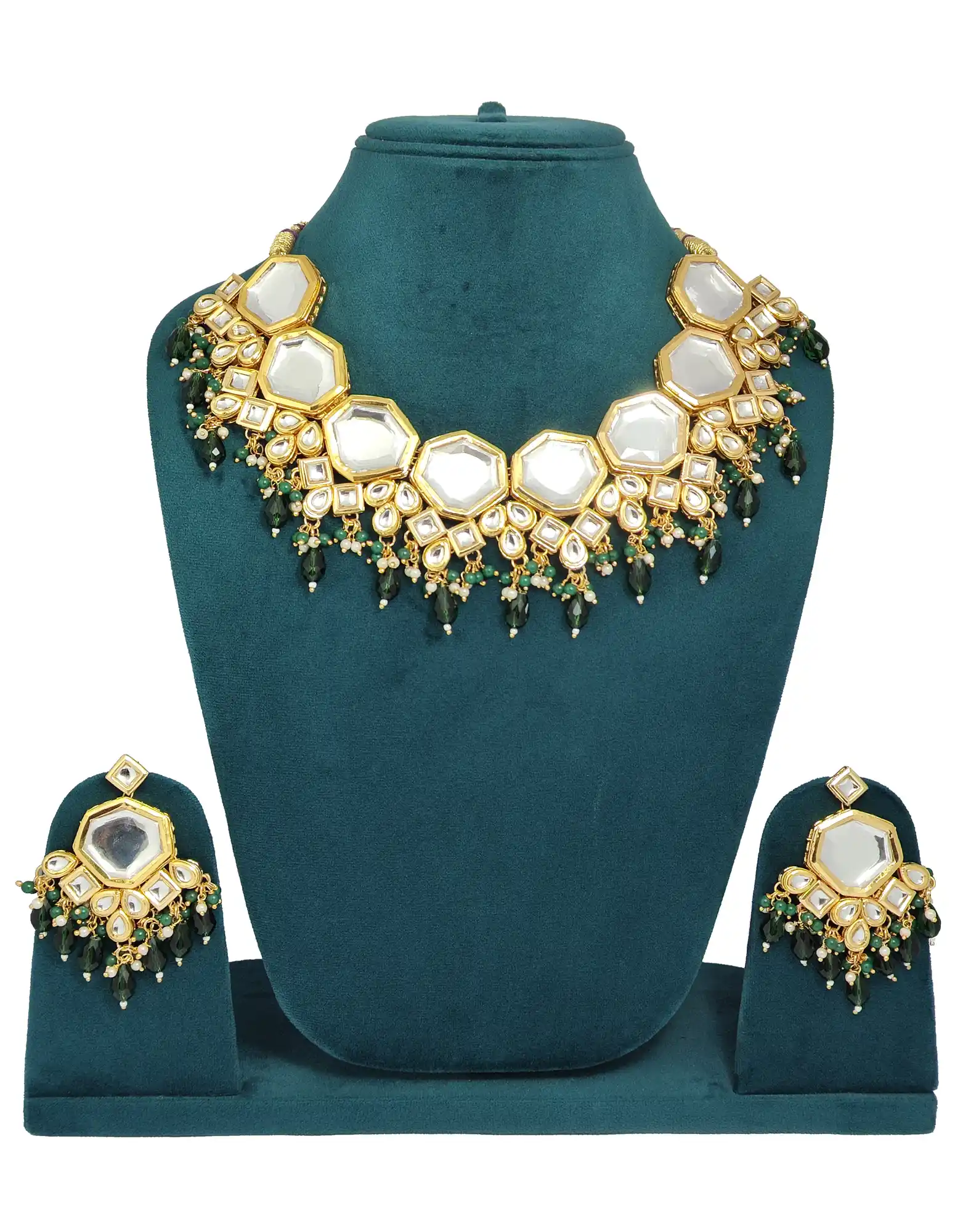 Meenakari Kundan Double Layered Green Pearls Neckalce Set - None Meenakari Kundan Neckalce Set - Image 3