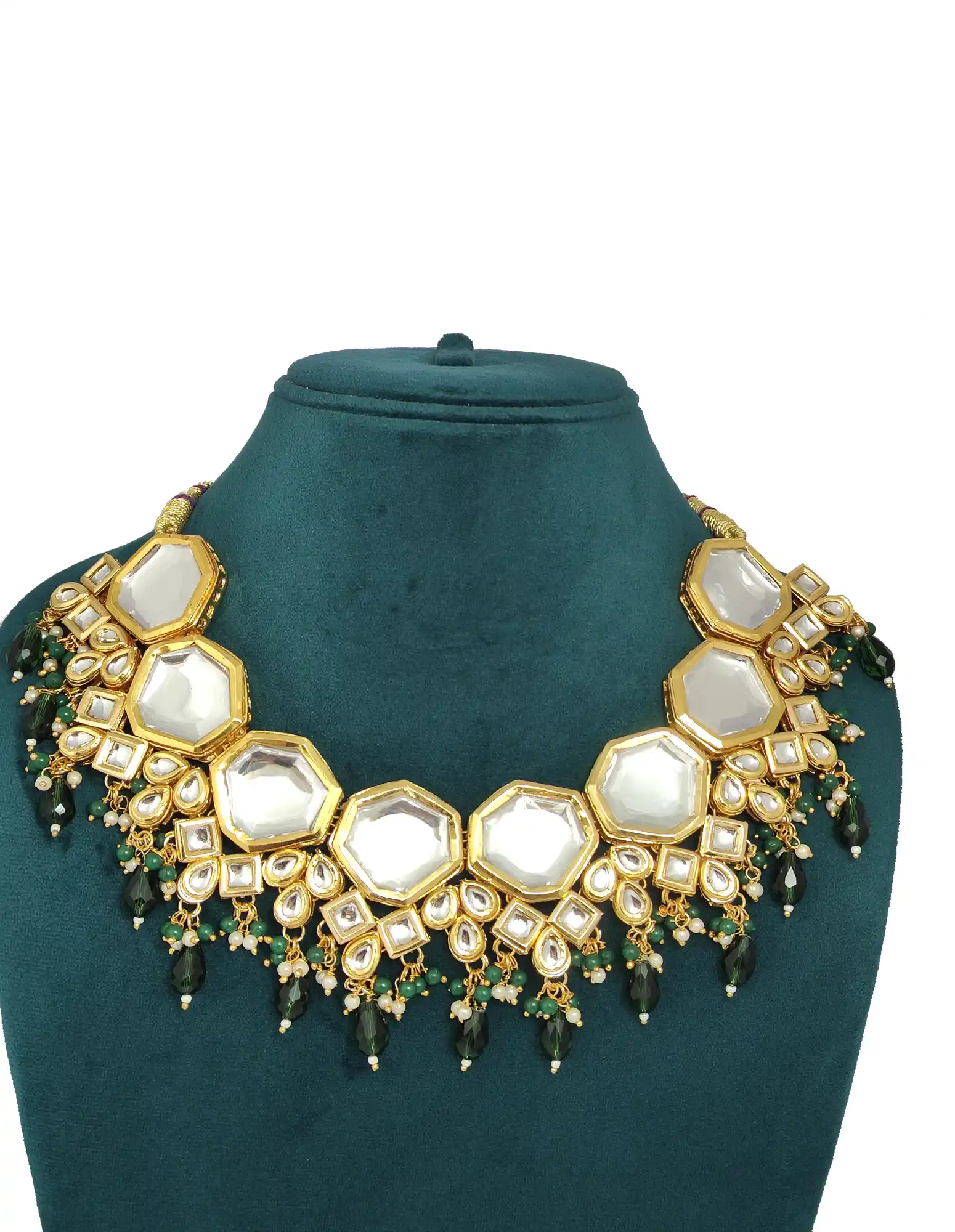 Meenakari Kundan Double Layered Green Pearls Neckalce Set - None Meenakari Kundan Neckalce Set - Image 4