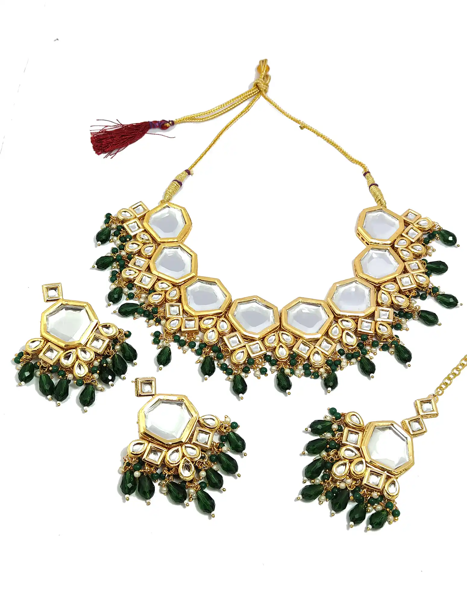 Meenakari Kundan Double Layered Green Pearls Neckalce Set - None Meenakari Kundan Neckalce Set - Image 5
