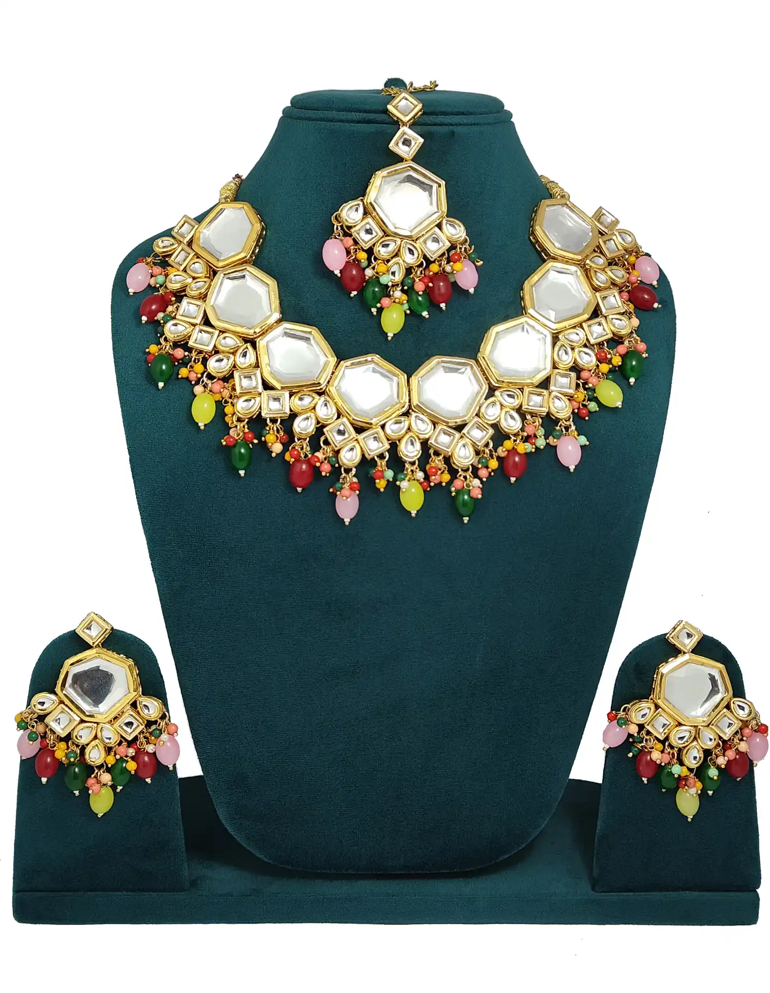 Multicolor Meenakari Kundan Double Layered Kundan - None Kundan Choker Set - Image 1