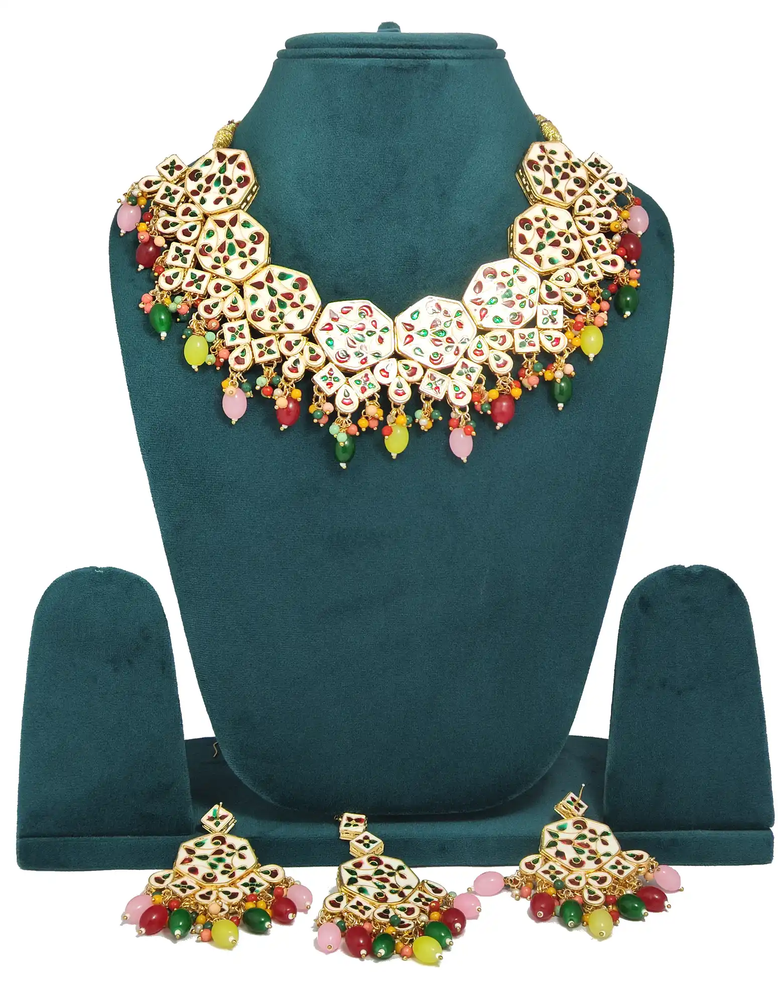 Multicolor Meenakari Kundan Double Layered Kundan Neckalce Set - None Kundan Choker Set - Image 2