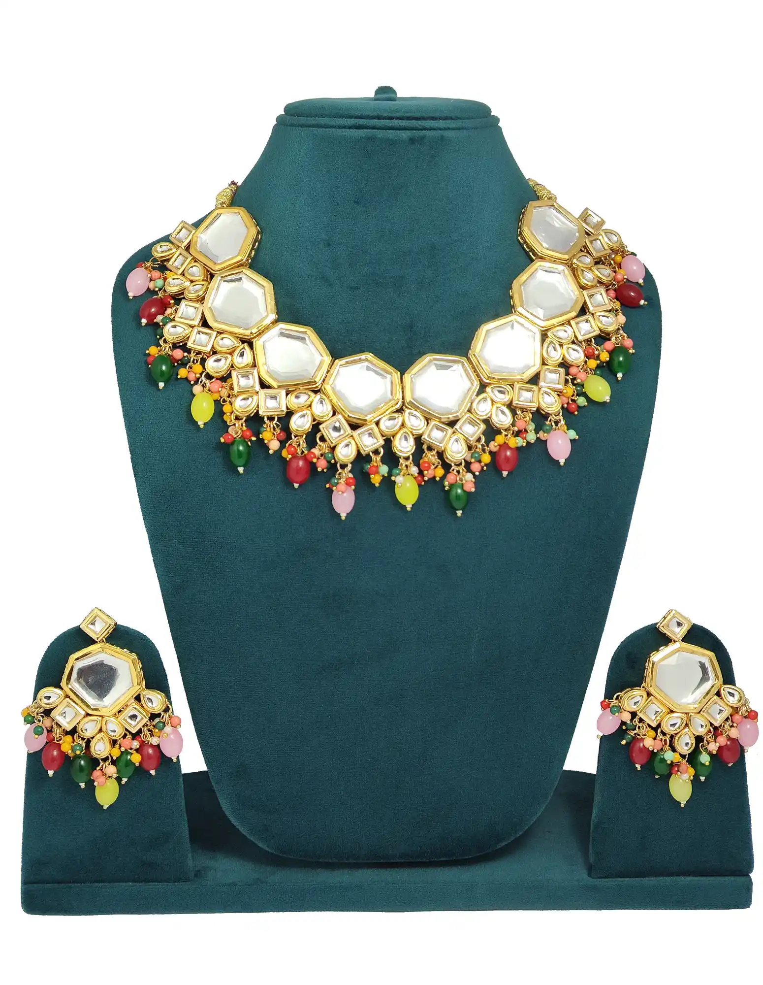 Multicolor Meenakari Kundan Double Layered Kundan Neckalce Set - None Kundan Choker Set - Image 3