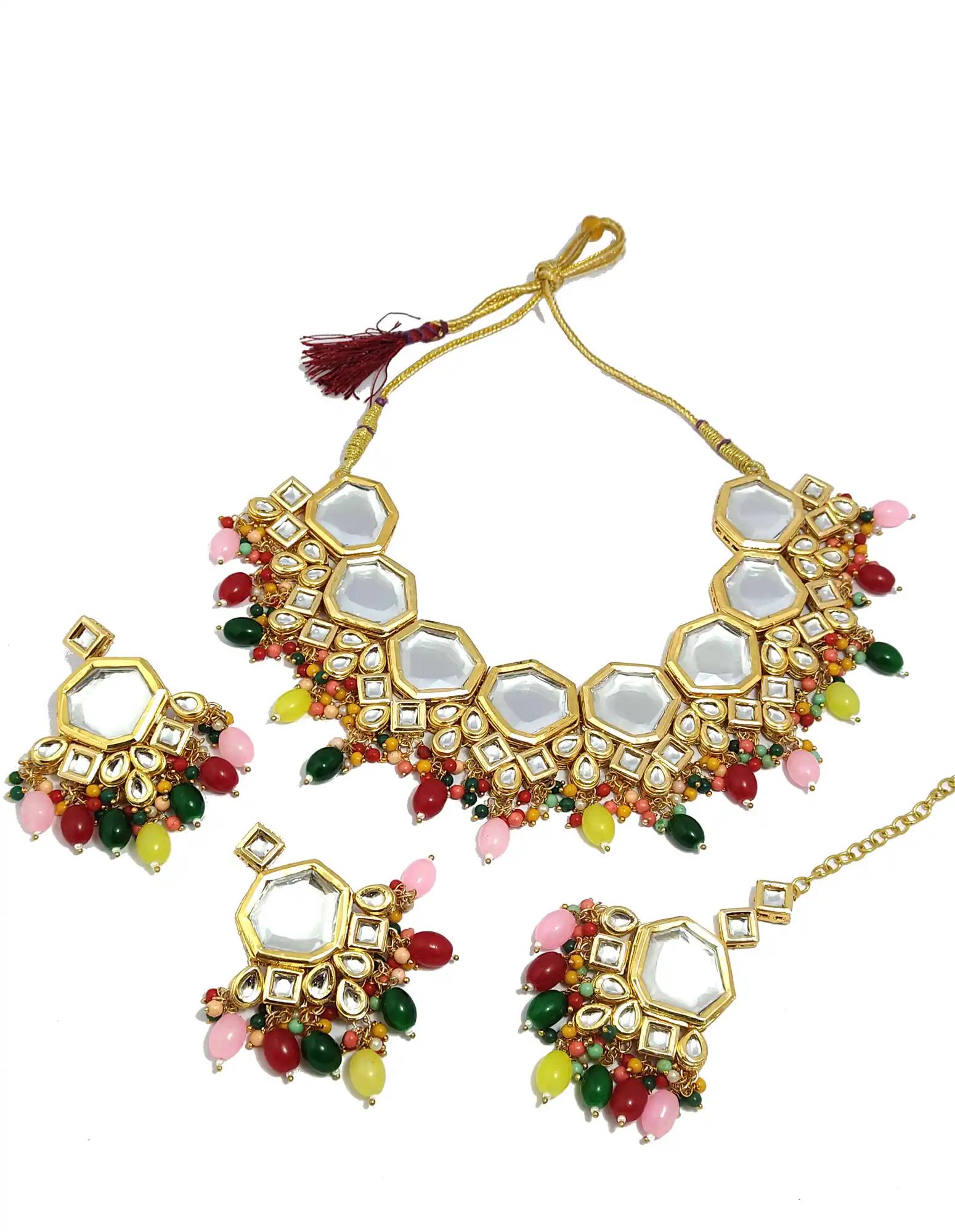 Multicolor Meenakari Kundan Double Layered Kundan Neckalce Set - None Kundan Choker Set - Image 5