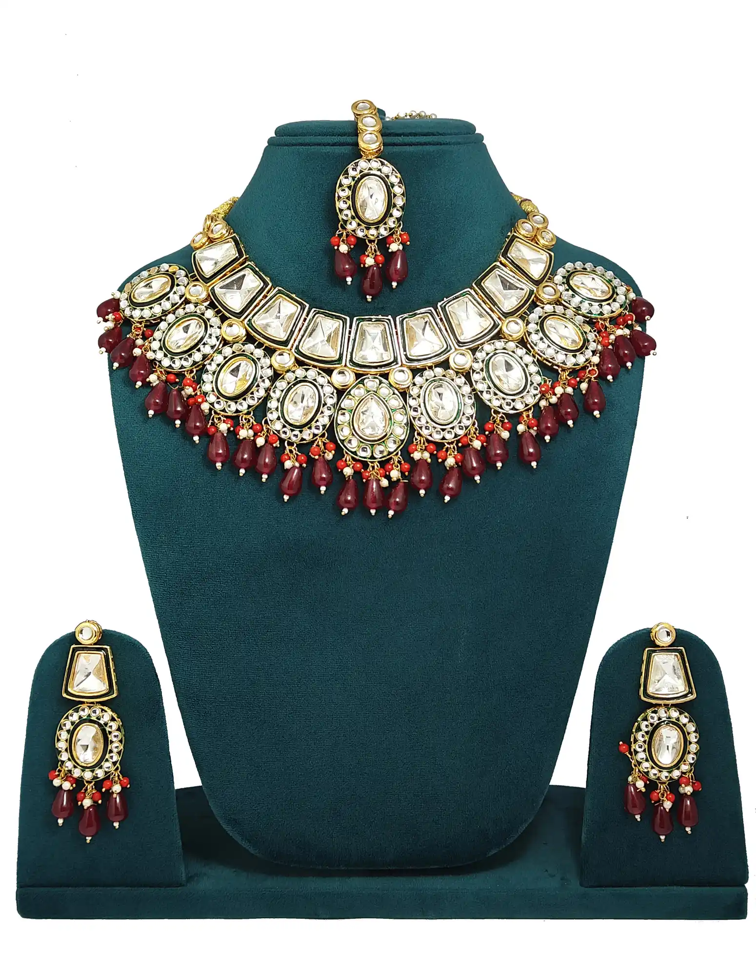Red Emerald Pearls Polki Kundan Necklace Set