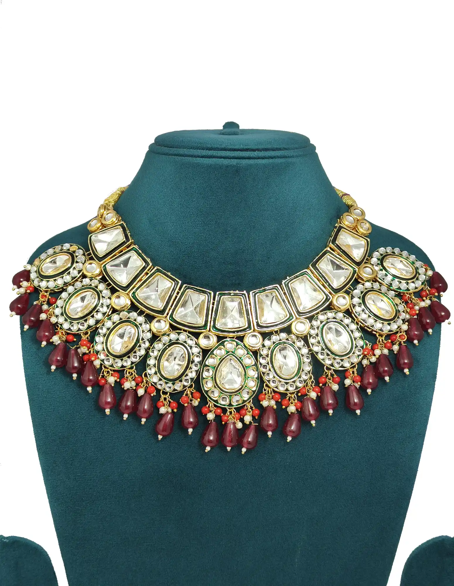 Red Emerald Pearls Polki Kundan Necklace Set - None Polki Necklace Set - Image 2