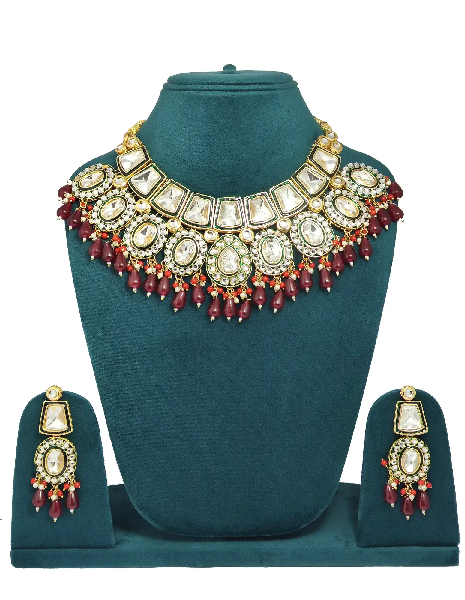 Red Emerald Pearls Polki Kundan Necklace Set - None Polki Necklace Set - Image 3