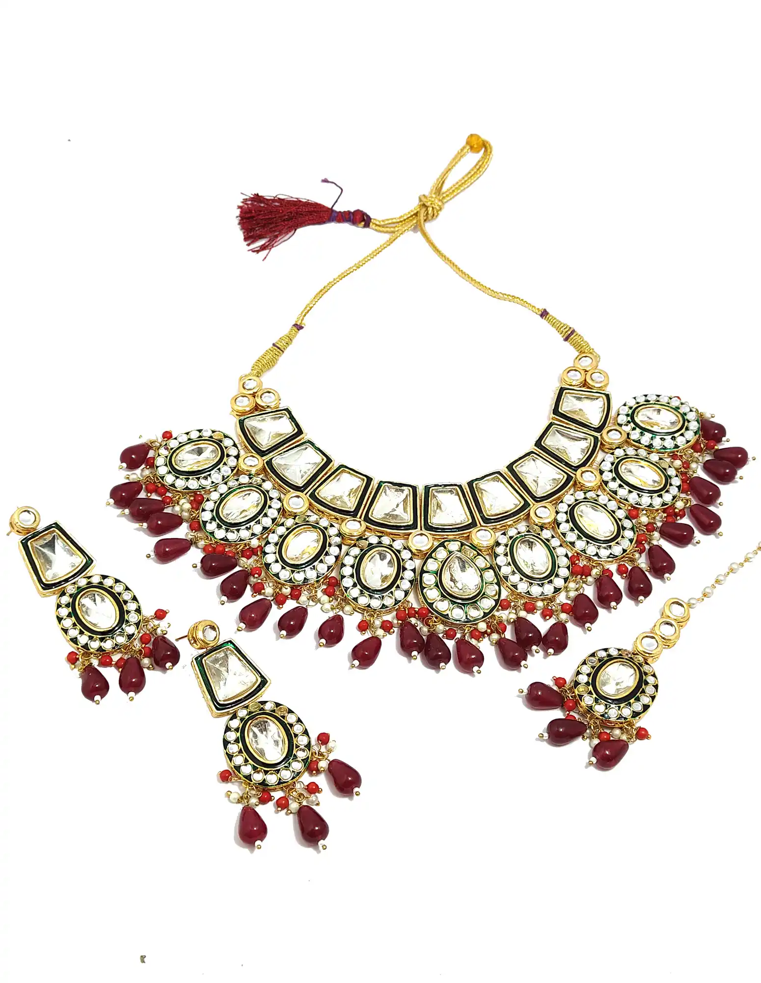 Red Emerald Pearls Polki Kundan Necklace Set - None Polki Necklace Set - Image 4