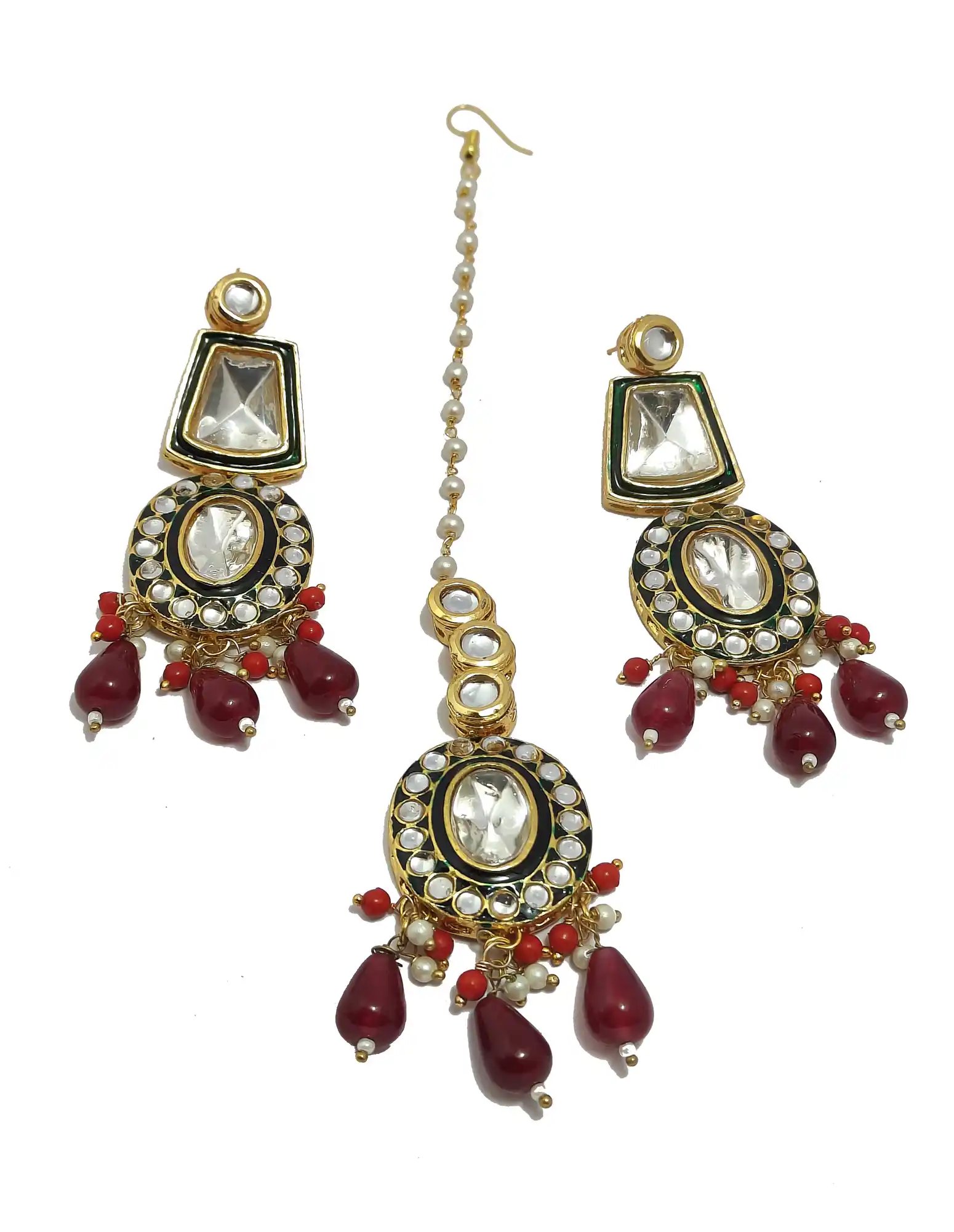 Red Emerald Pearls Polki Kundan Necklace Set - None Polki Necklace Set - Image 5