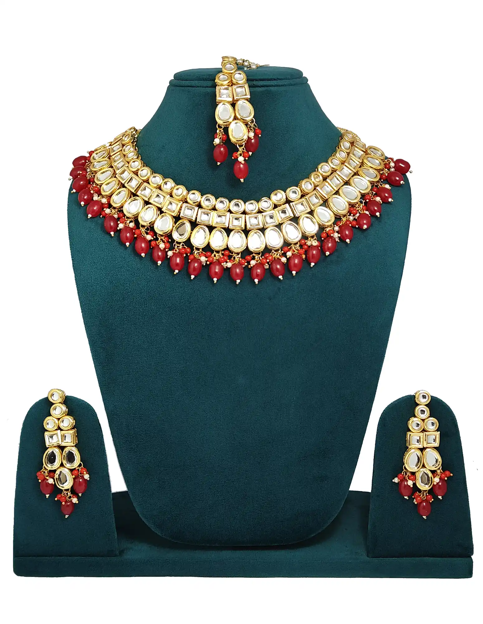 Red Oval Drop Pearls Meenakari Kundan Necklace Set - None Kundan Neckalce Set - Image 1