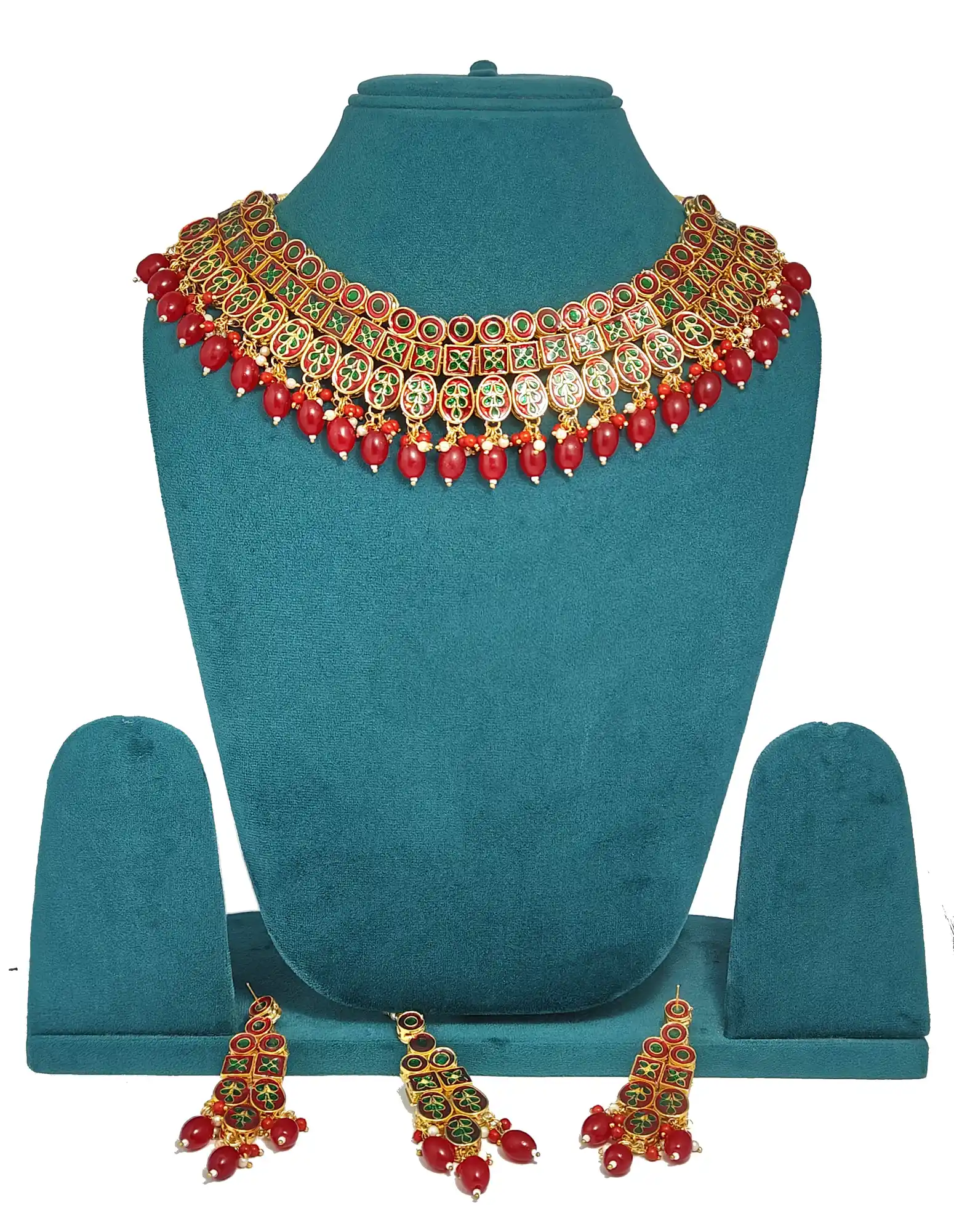 Red Oval Drop Pearls Meenakari Kundan Necklace Set - None Kundan Neckalce Set - Image 2