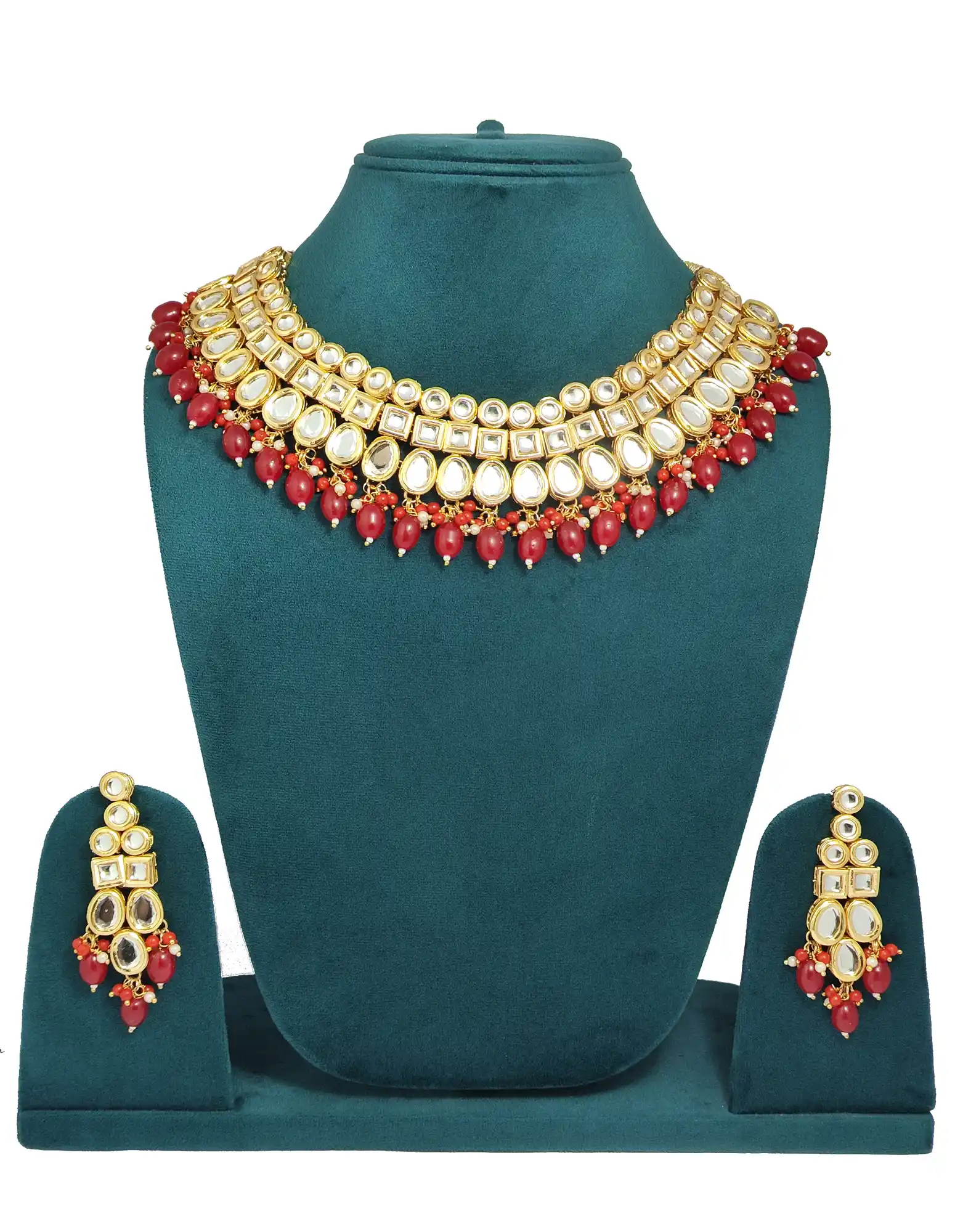 Red Oval Drop Pearls Meenakari Kundan Necklace Set - None Kundan Neckalce Set - Image 3