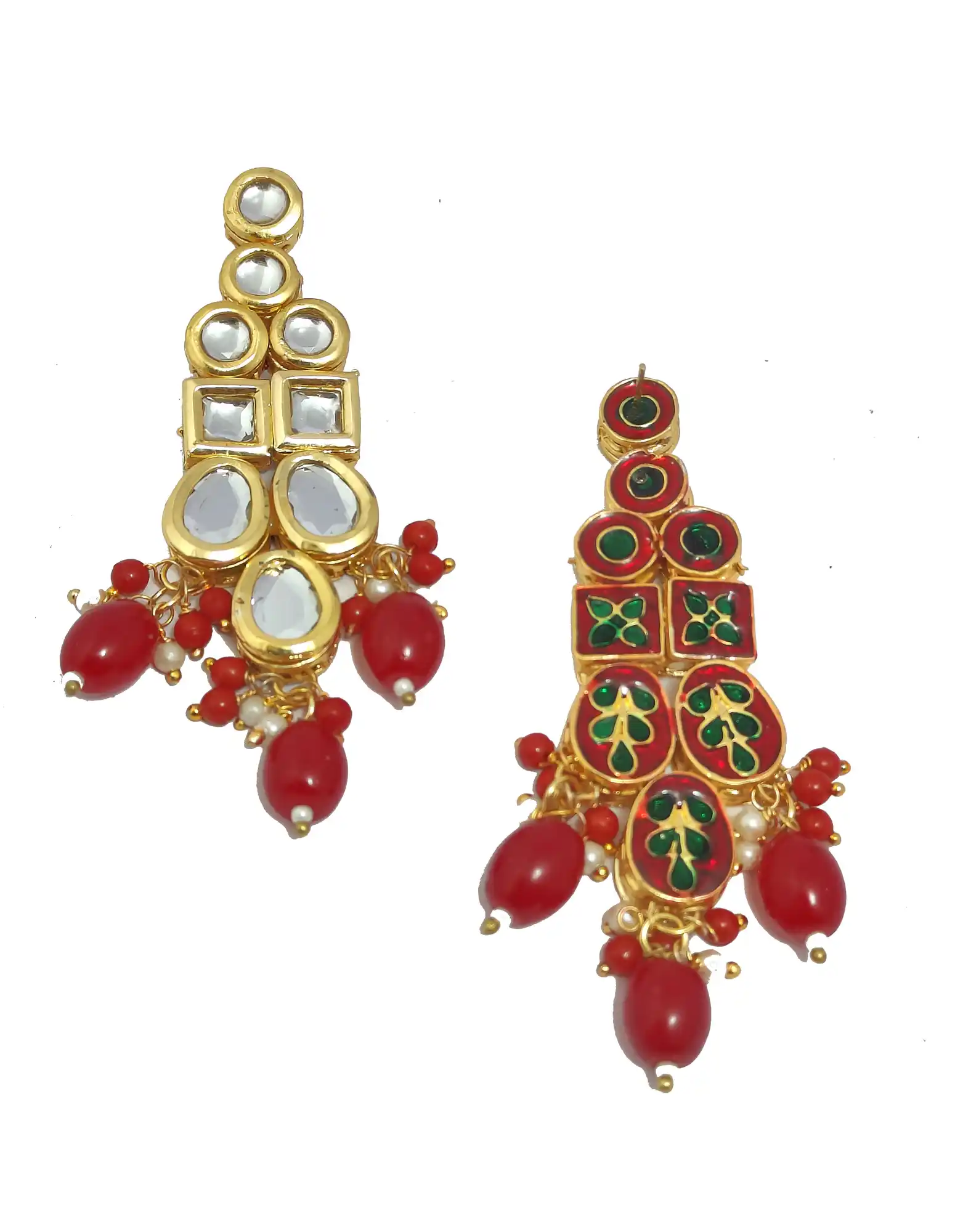 Red Oval Drop Pearls Meenakari Kundan Necklace Set - None Kundan Neckalce Set - Image 6