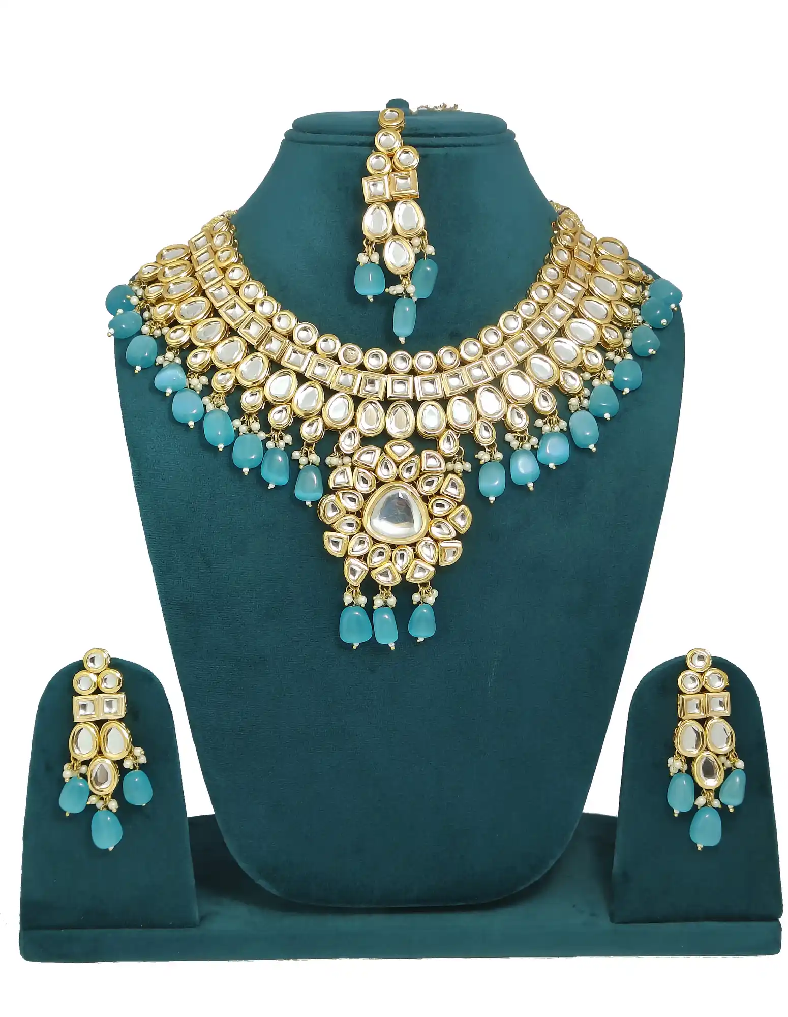 Royal Kundan Bridal Necklace Set - Light Blue - None Royal Kundan Necklace - Image 1