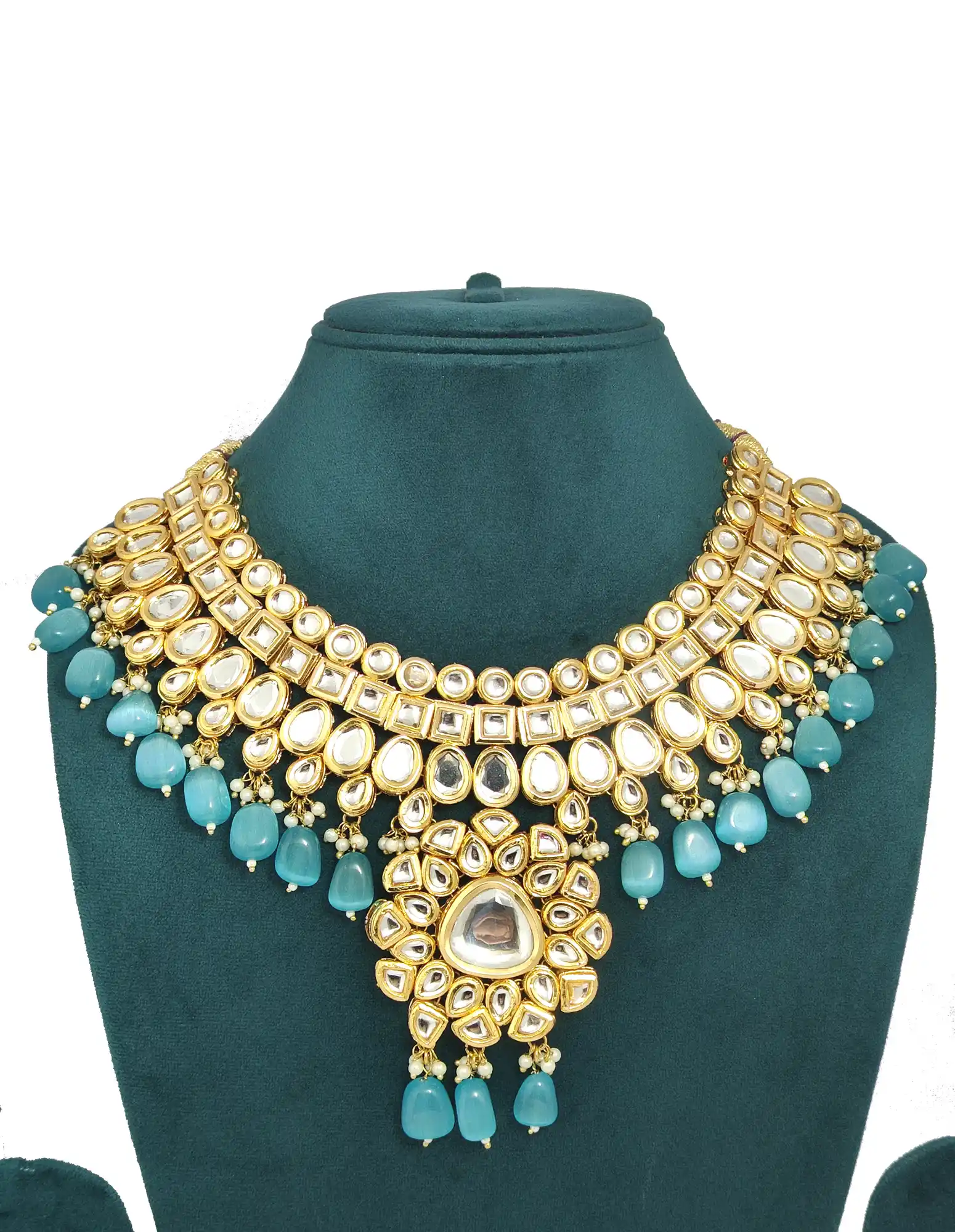 Royal Kundan Bridal Necklace Set - Light Blue - None Royal Kundan Necklace - Image 4