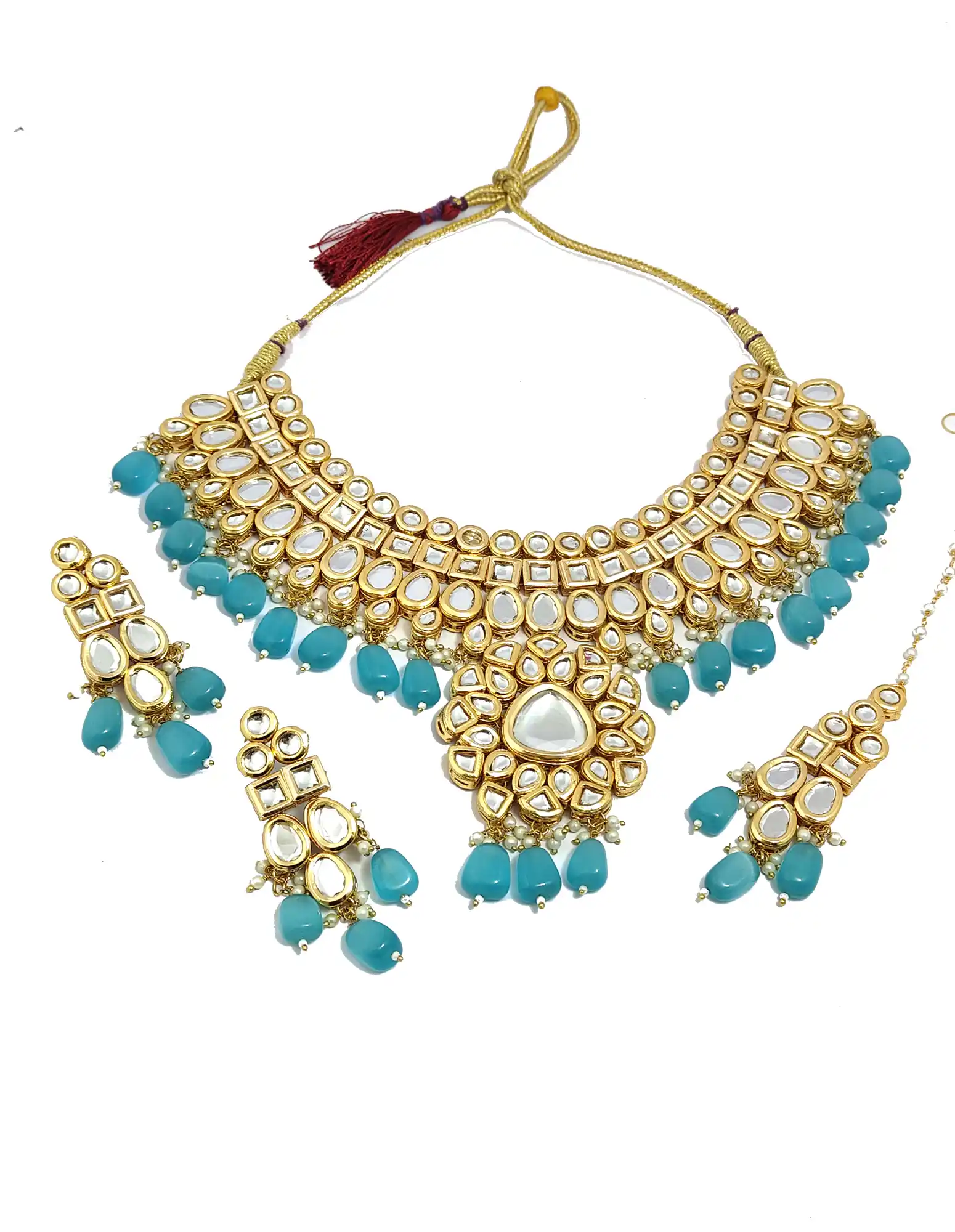 Royal Kundan Bridal Necklace Set - Light Blue - None Royal Kundan Necklace - Image 5