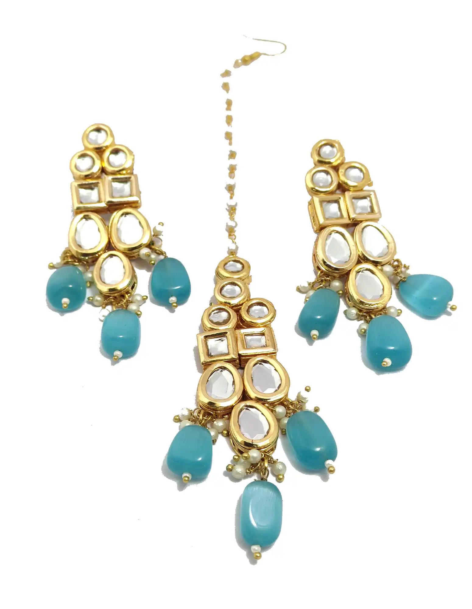 Royal Kundan Bridal Necklace Set - Light Blue - None Royal Kundan Necklace - Image 6