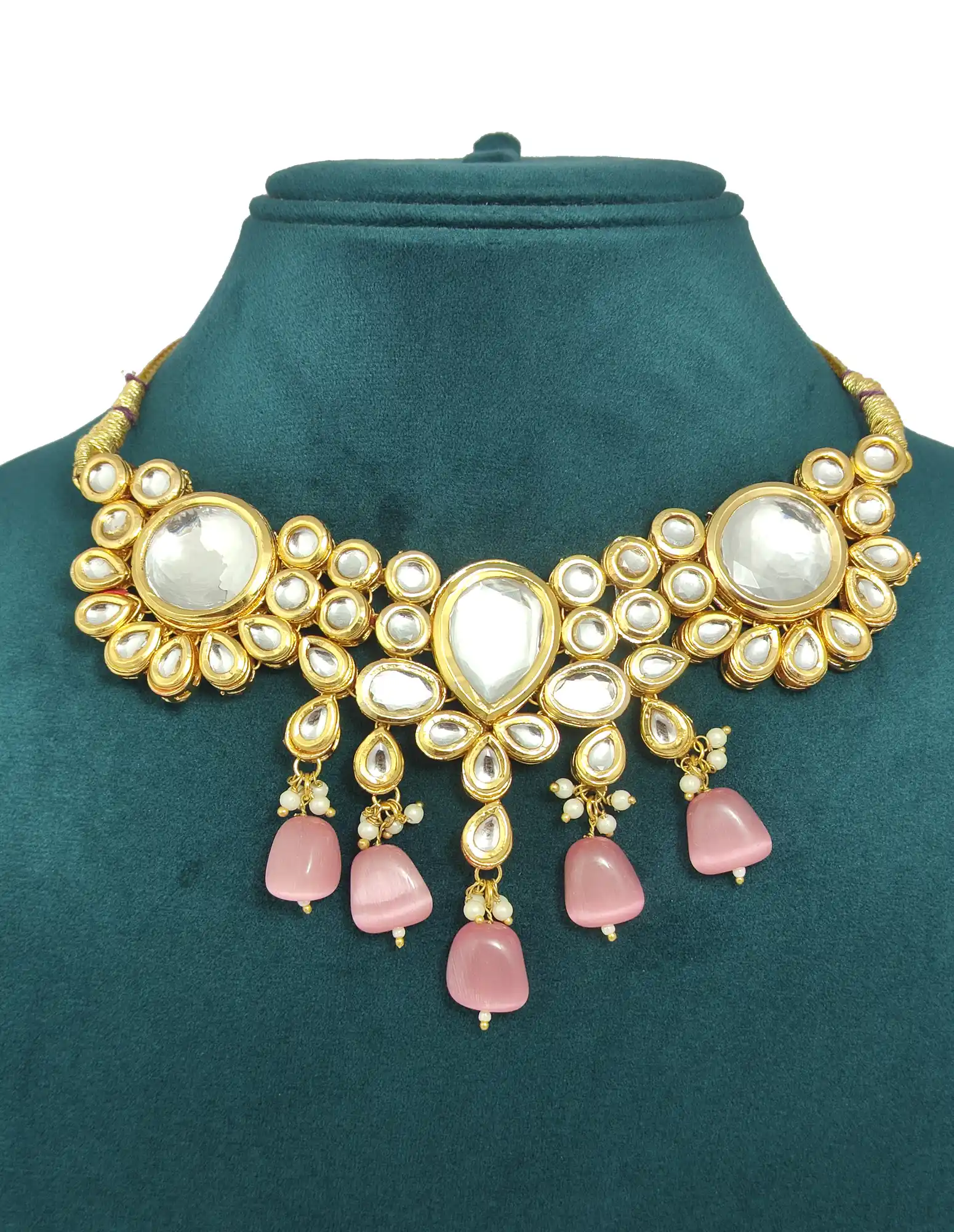 Simple Kundan Neckalce Set - Light Pink - None Kundan Necklace Set - Image 2