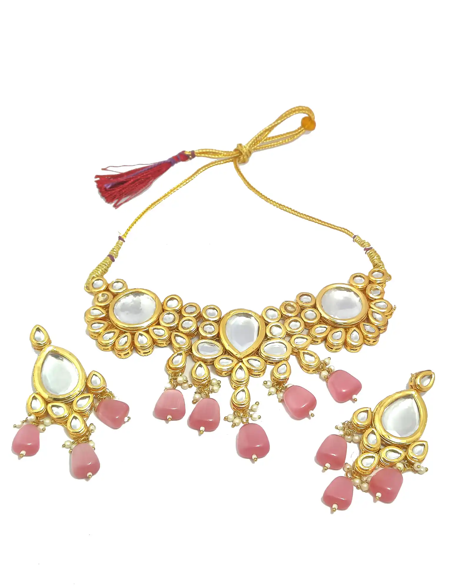 Simple Kundan Neckalce Set - Light Pink - None Kundan Necklace Set - Image 3