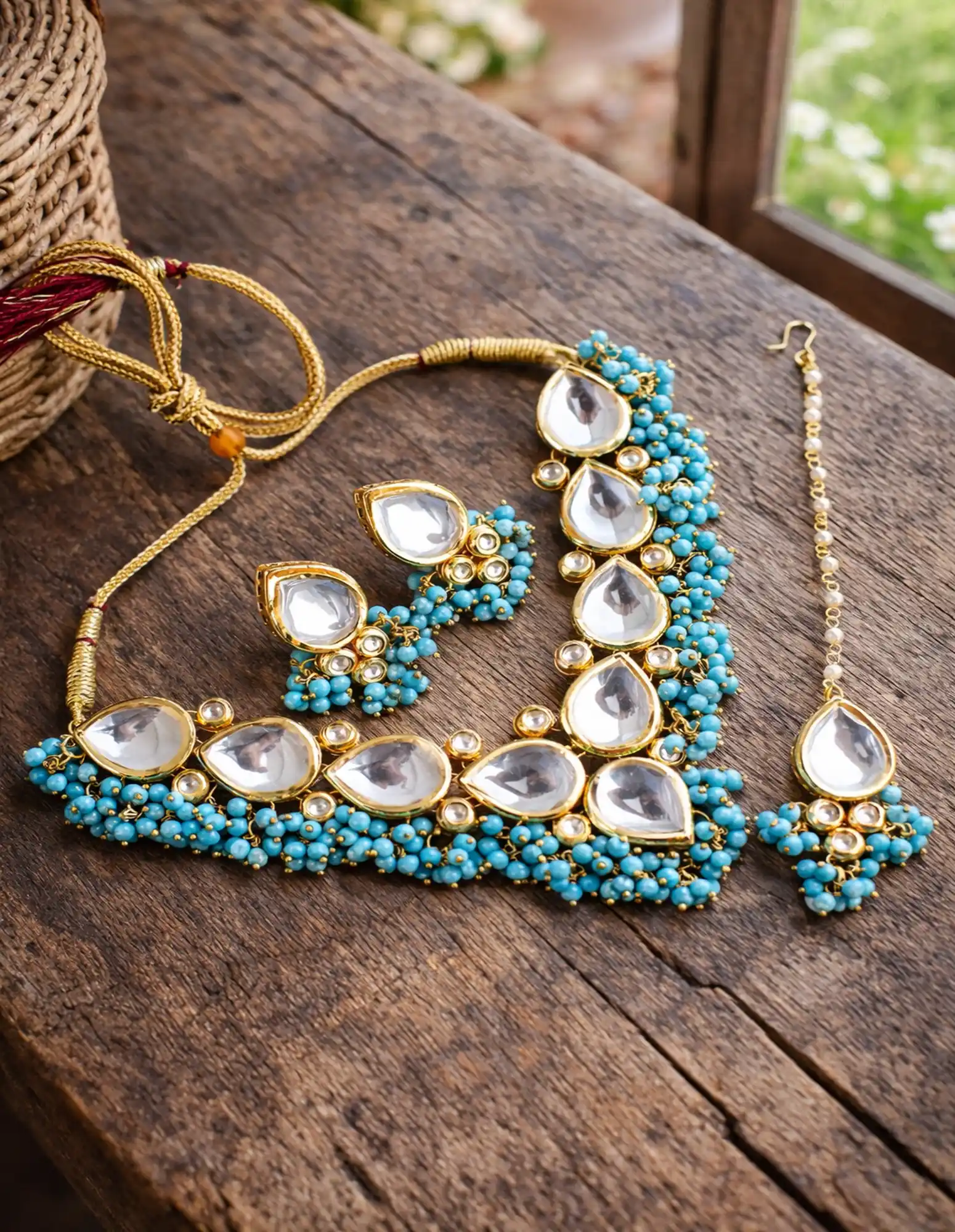 Gold-Plated Kundan Studded Necklace With Earrings & Maang Tika - None Aqua Kundan Neckalce Set - Image 2