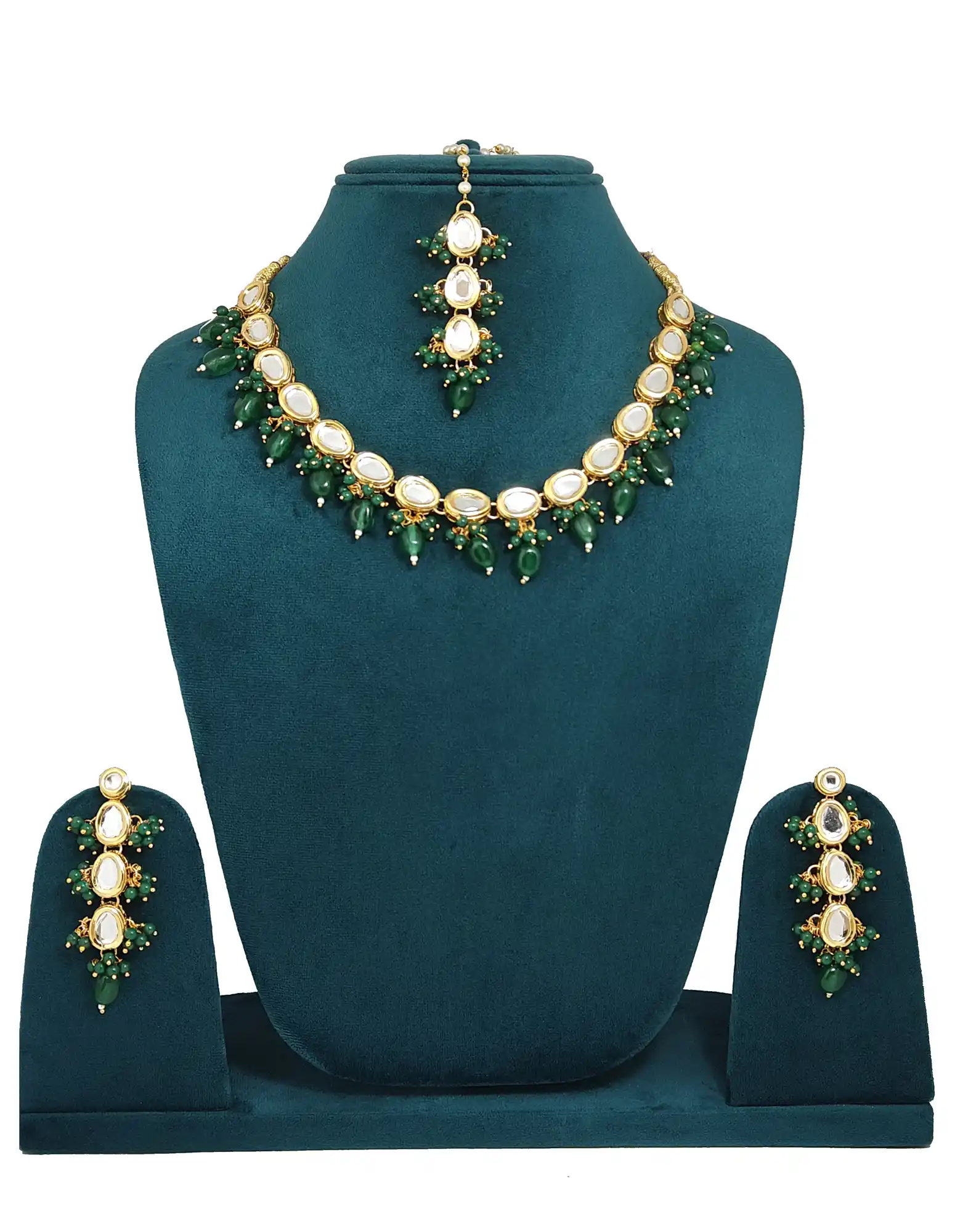 Green Pearls Kundan Meenakari Necklace Set - None Kundan Necklace - Image 1
