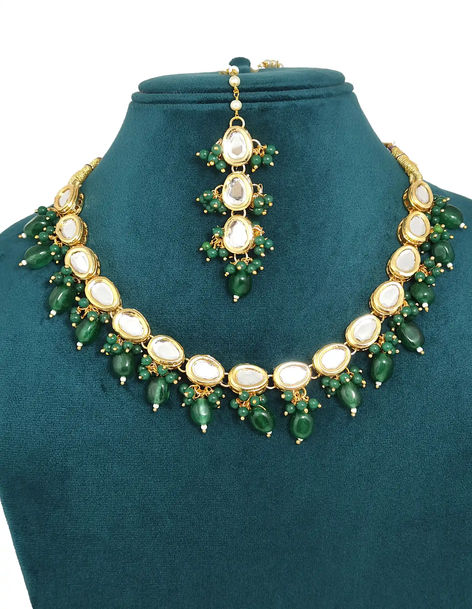 Green Pearls Kundan Meenakari Necklace Set - None Kundan Necklace - Image 2