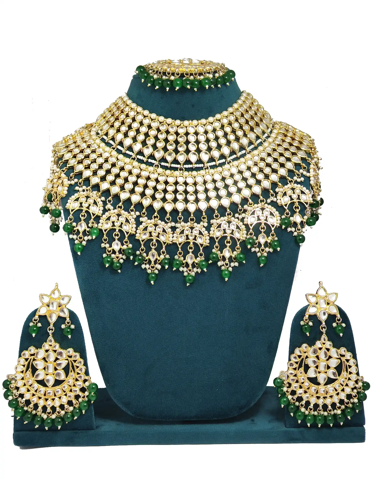Green Pearls and Kundan Bridal Neckalce Set - None Bridal Necklace Set - Image 1