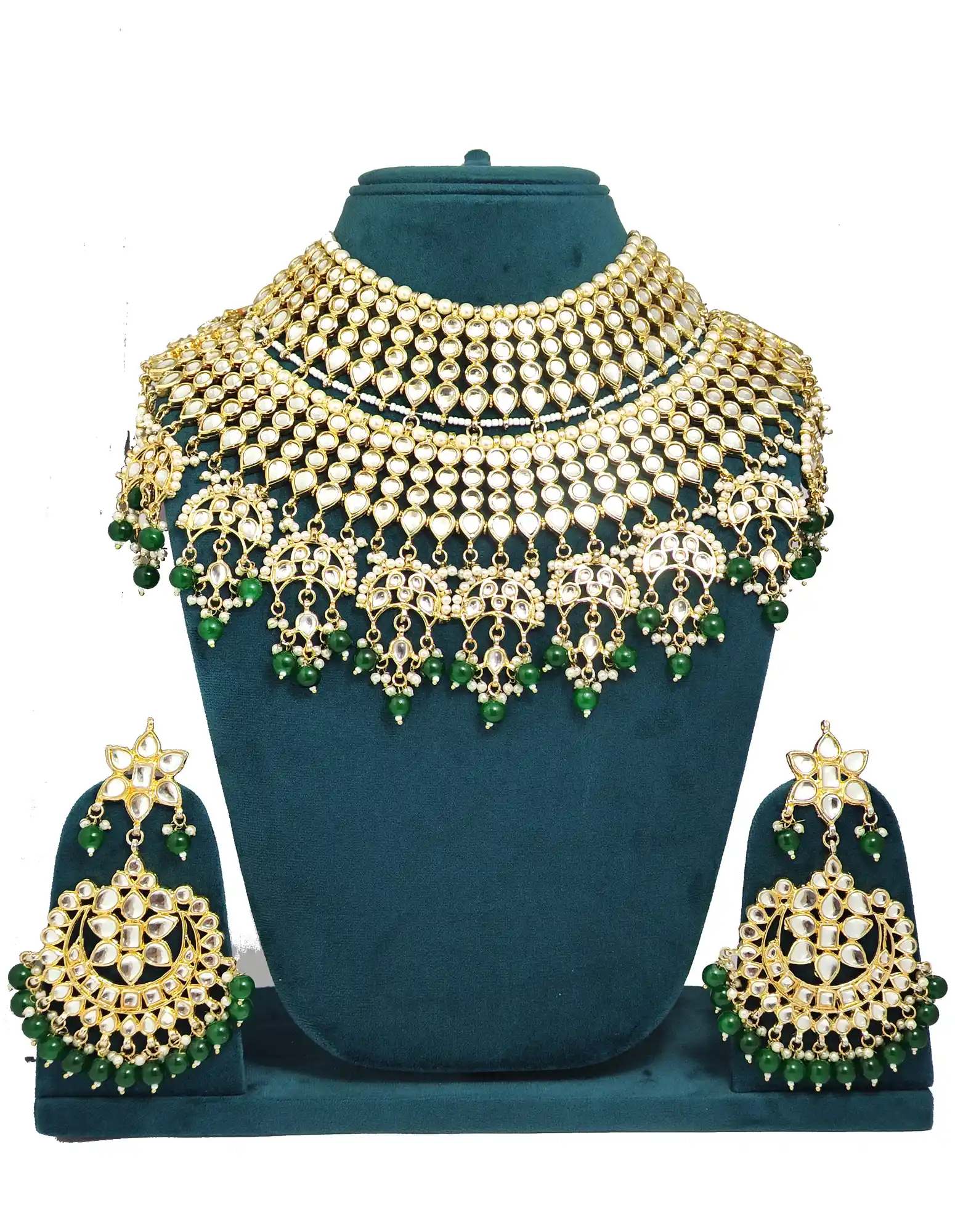 Gold Plated Green Pearls and Kundan Bridal Neckalce Set - None Bridal Necklace Set - Image 2