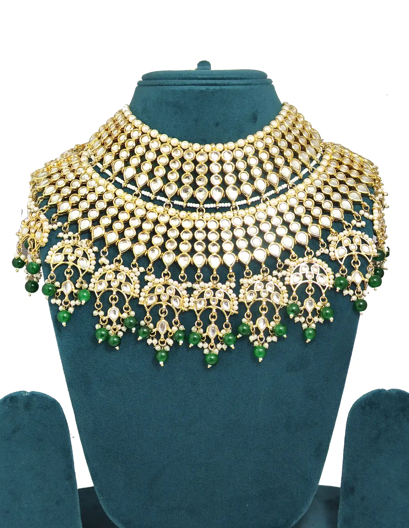 Gold Plated Green Pearls and Kundan Bridal Neckalce Set - None Bridal Necklace Set - Image 3
