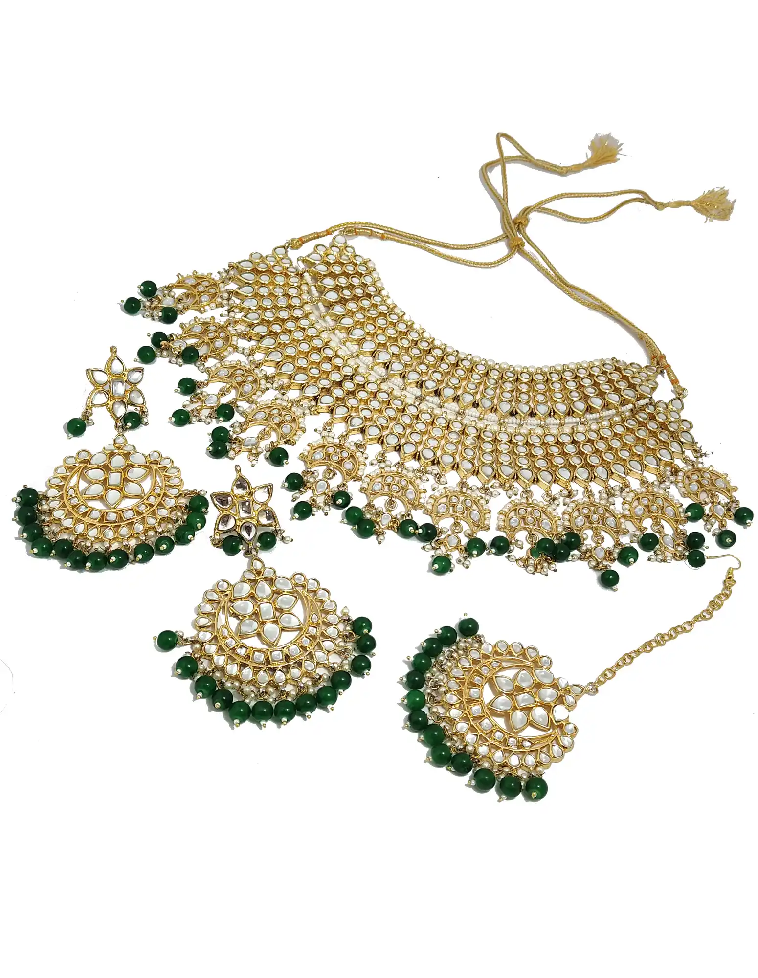 Gold Plated Green Pearls and Kundan Bridal Neckalce Set - None Bridal Necklace Set - Image 4