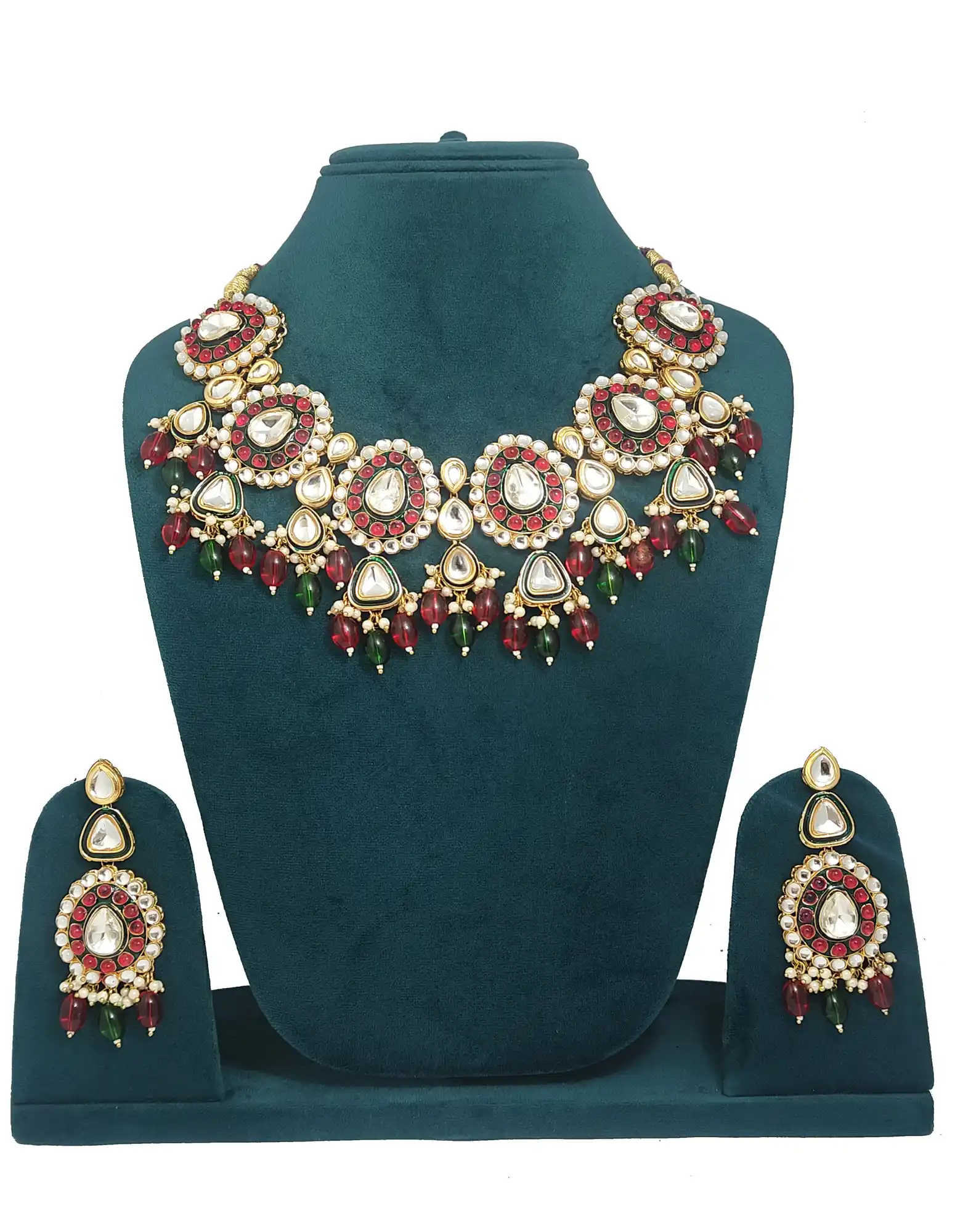 Red & Green Pearls Polki Kundan Simple Neckalce Set - None Polki Kundan Necklace Set - Image 2