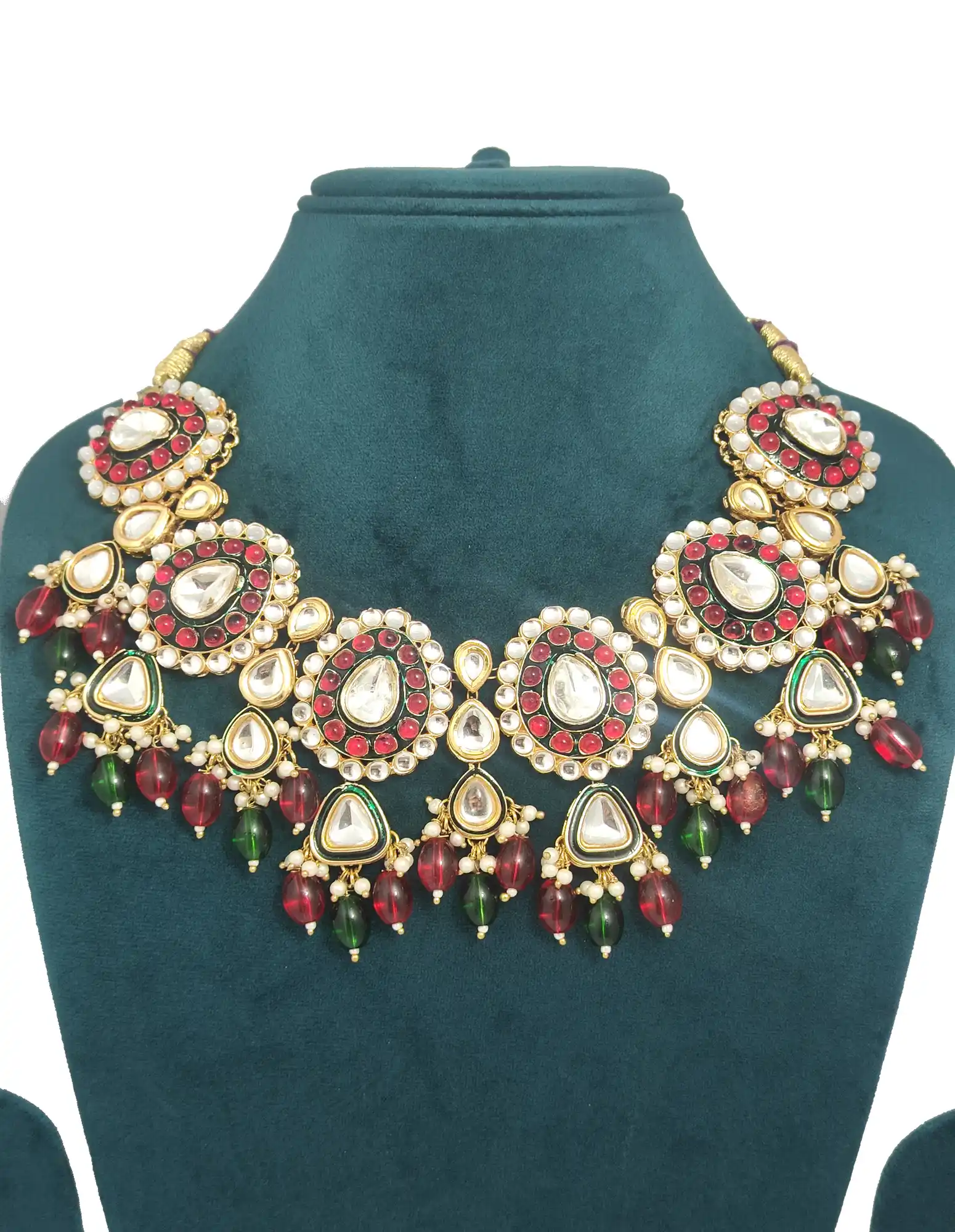 Red & Green Pearls Polki Kundan Simple Neckalce Set - None Polki Kundan Necklace Set - Image 3