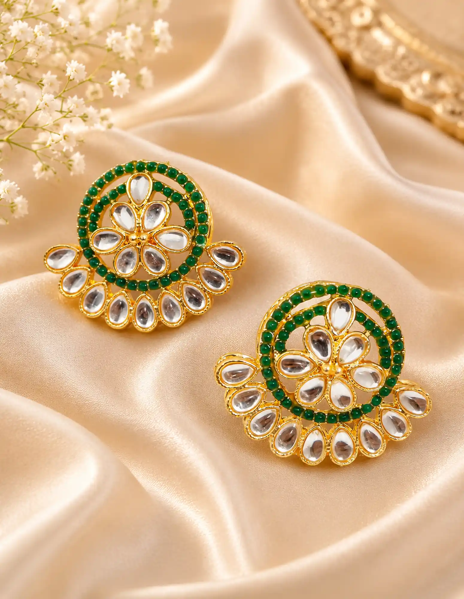 Gold Plated Green Beads and Kundan Studs earrings - for jewellery making
