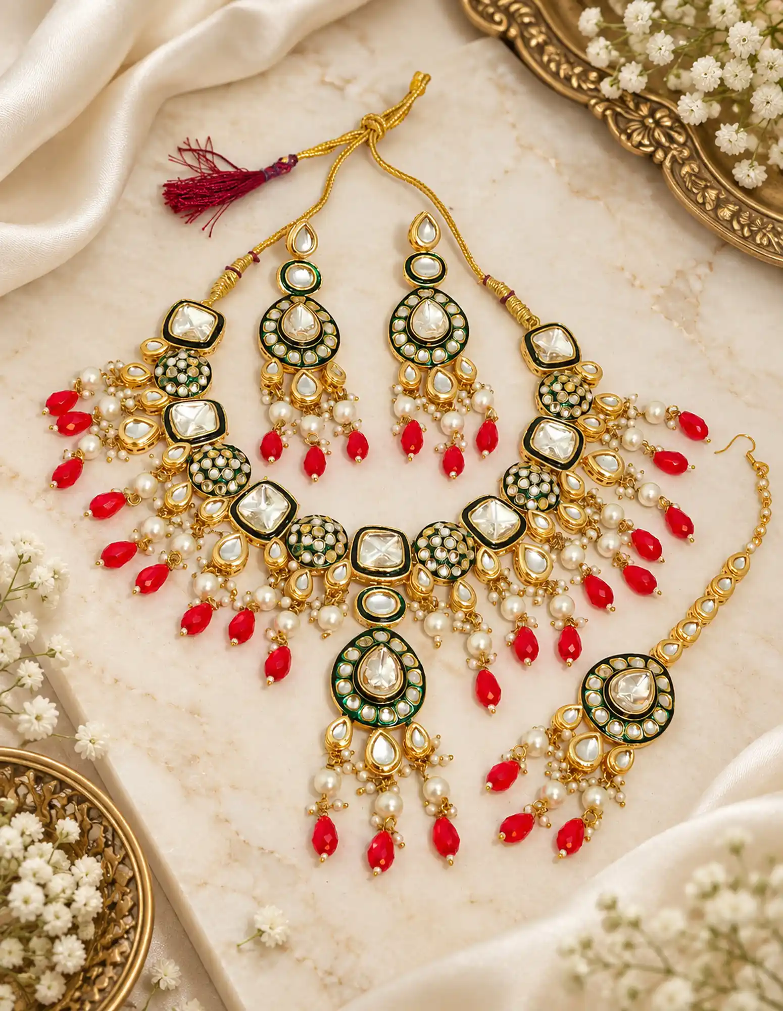 Indian Traditional Meenakari Kundan Red Polki Necklace Set